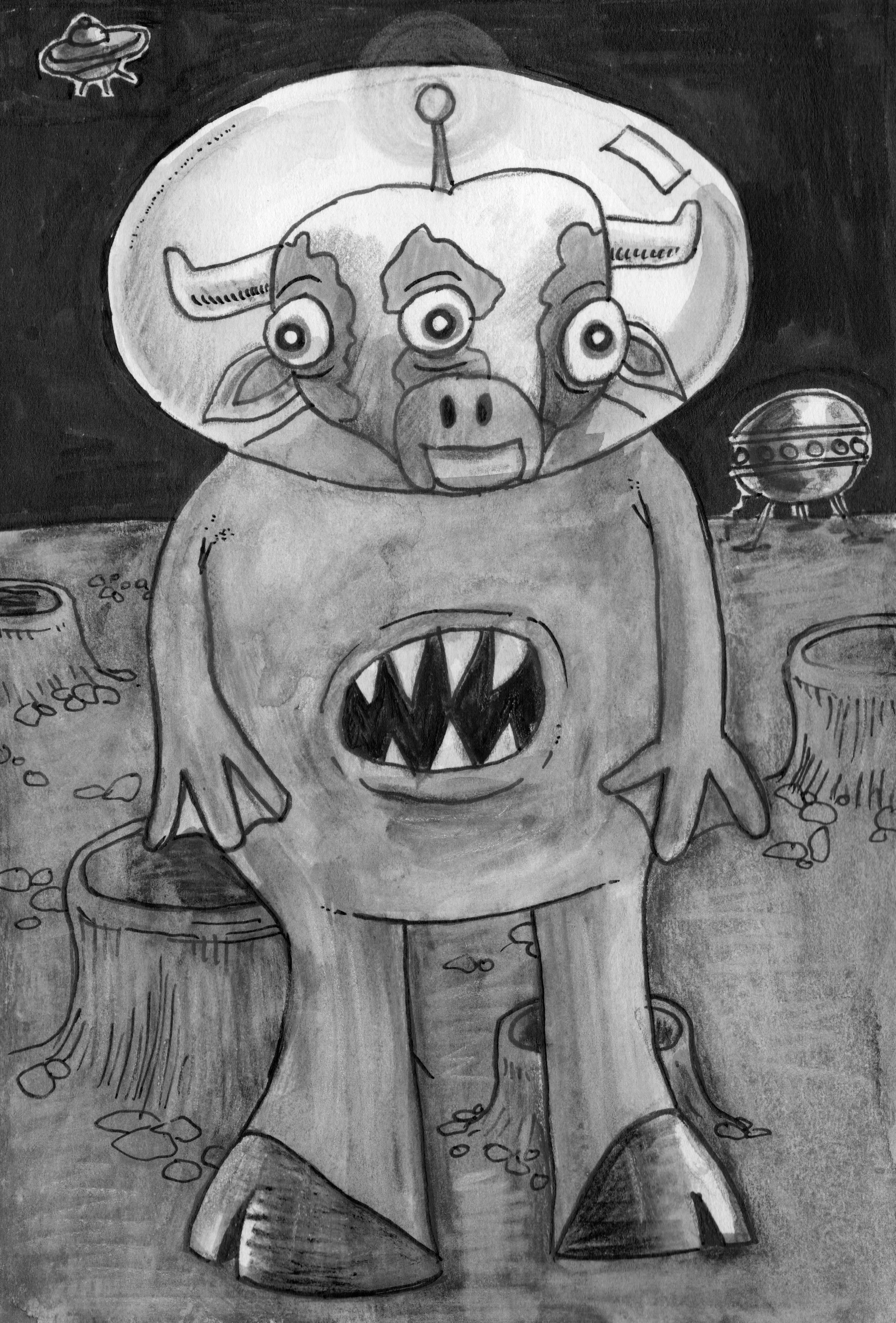 Hand-drawn black-and-white cartoon of a three-eyed, horned alien monster standing on a platform, surrounded by flying saucers and planets.