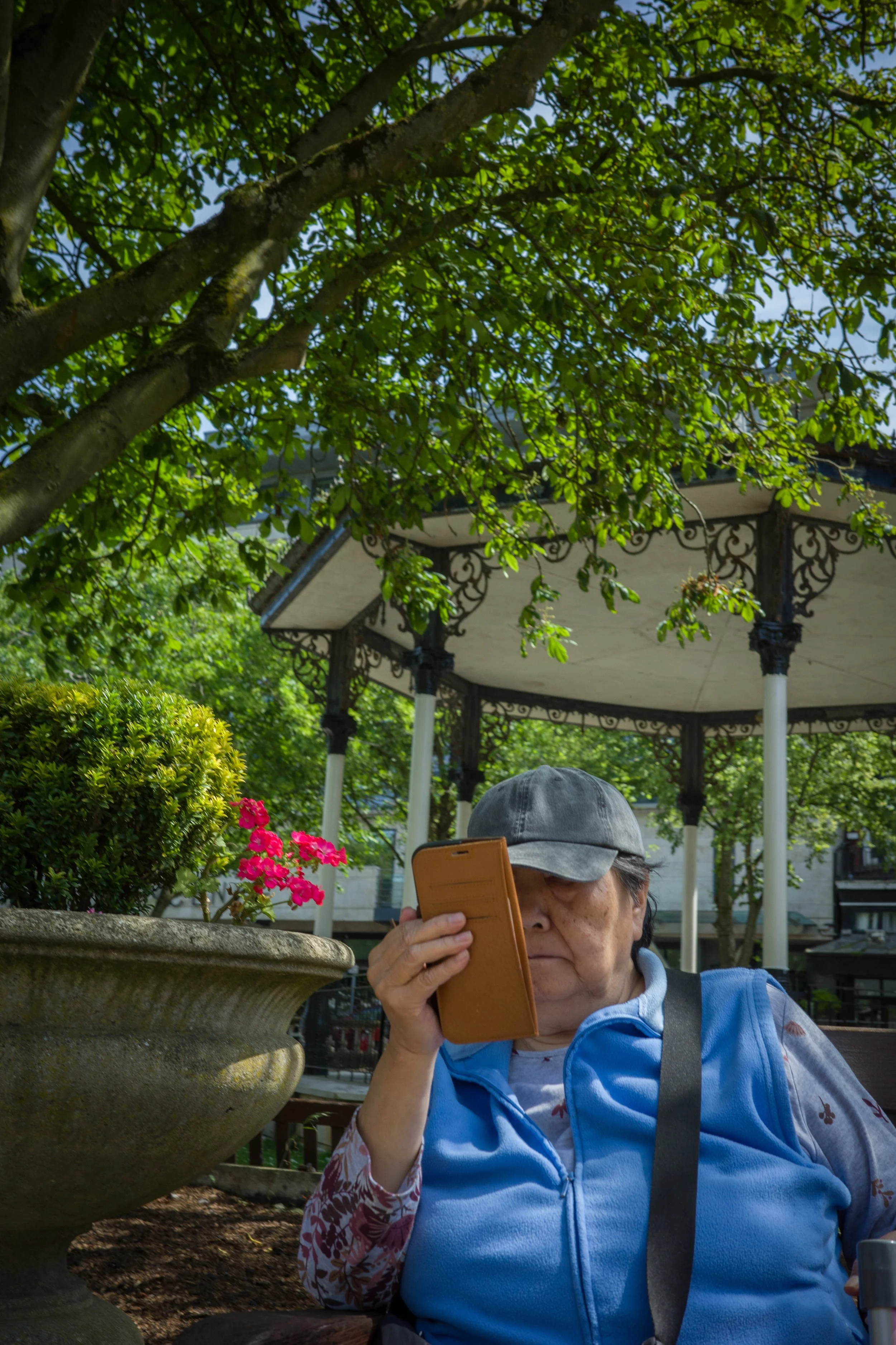 An elderly woman wearing a blue vest and gray cap is sitting outdoors, looking at a smartphone held in her hand. She is sitting near a large decorative stone planter with pink flowers on her left. Behind her, there is a pavilion with ornate ironwork 