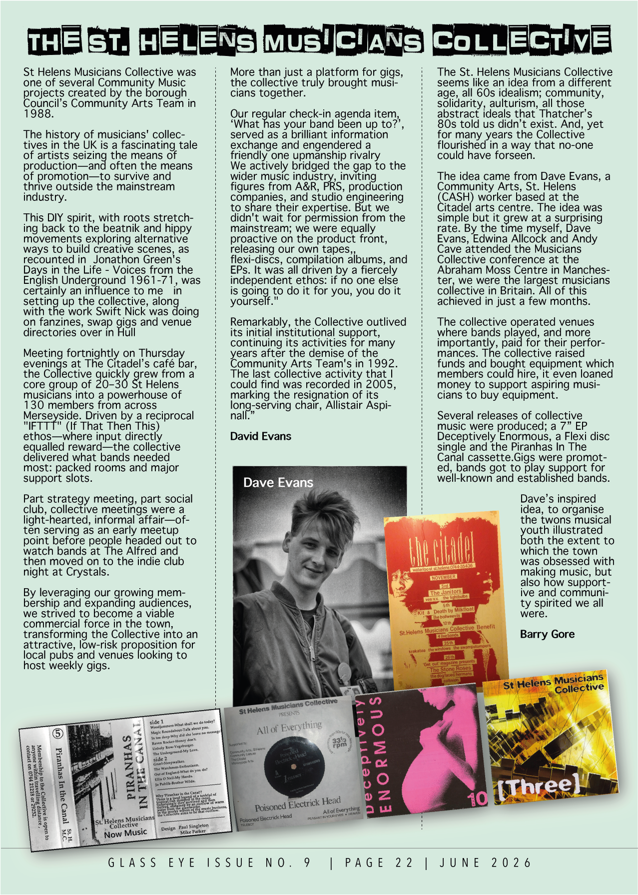 A newspaper or magazine page titled 'The St Helens Musicians Collective' with columns of text, a black and white photo of a young man, and several colorful posters advertising music events.