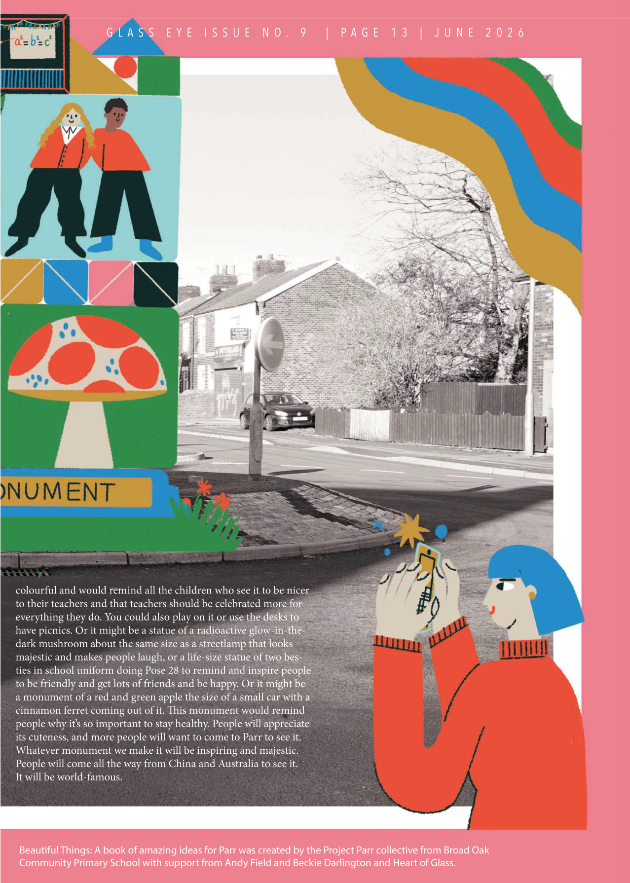 A magazine cover titled 'Glass Eye Issue No. 9' from June 2026, featuring an illustration of children, a rainbow-colored abstract design, a mushroom sculpture, and a street scene with parked cars and a brick house. The cover includes doodles and illu