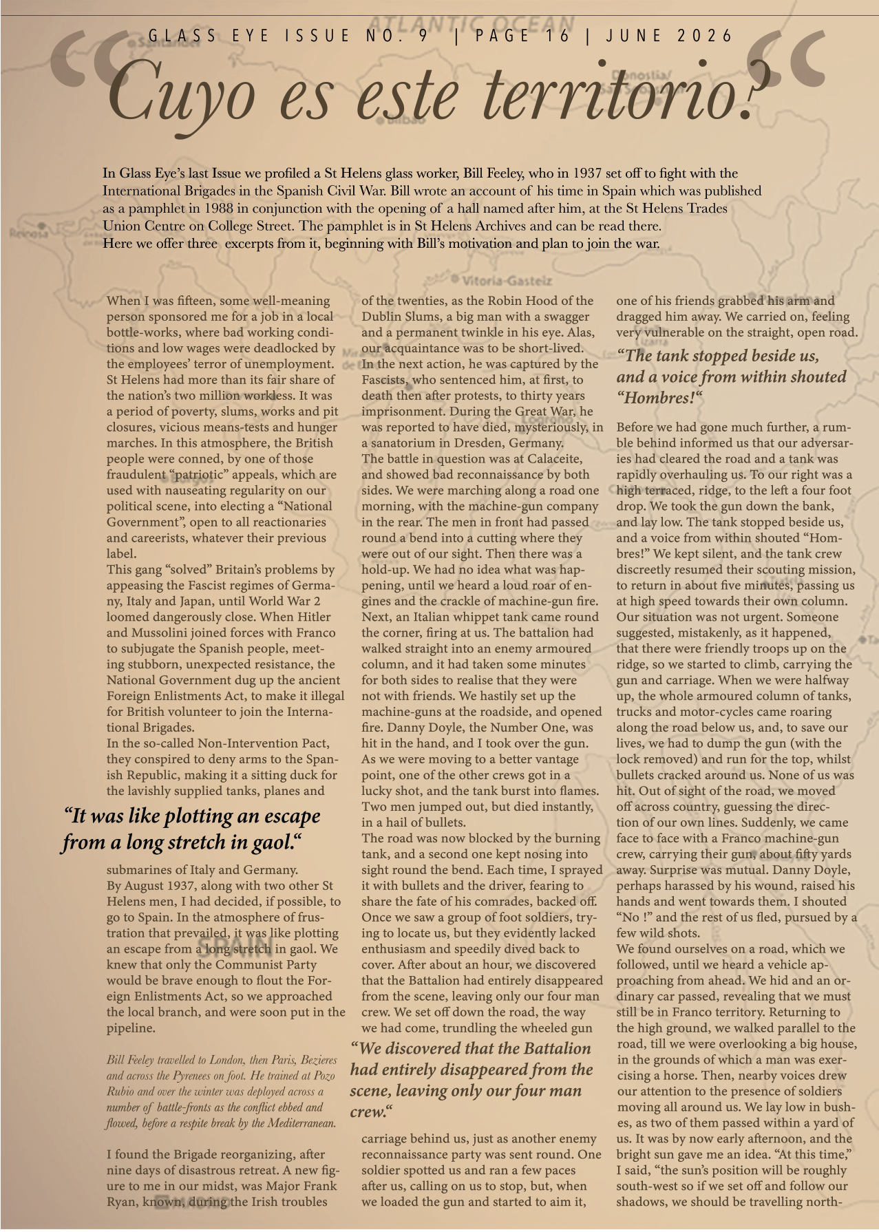 A newspaper article titled 'Cuyo es este territorio?' with a faded map in the background. The article discusses historical events related to a Civil War, mentioning a soldier named Bill Feeley, battle scenes, and references to Spain and Italy during 