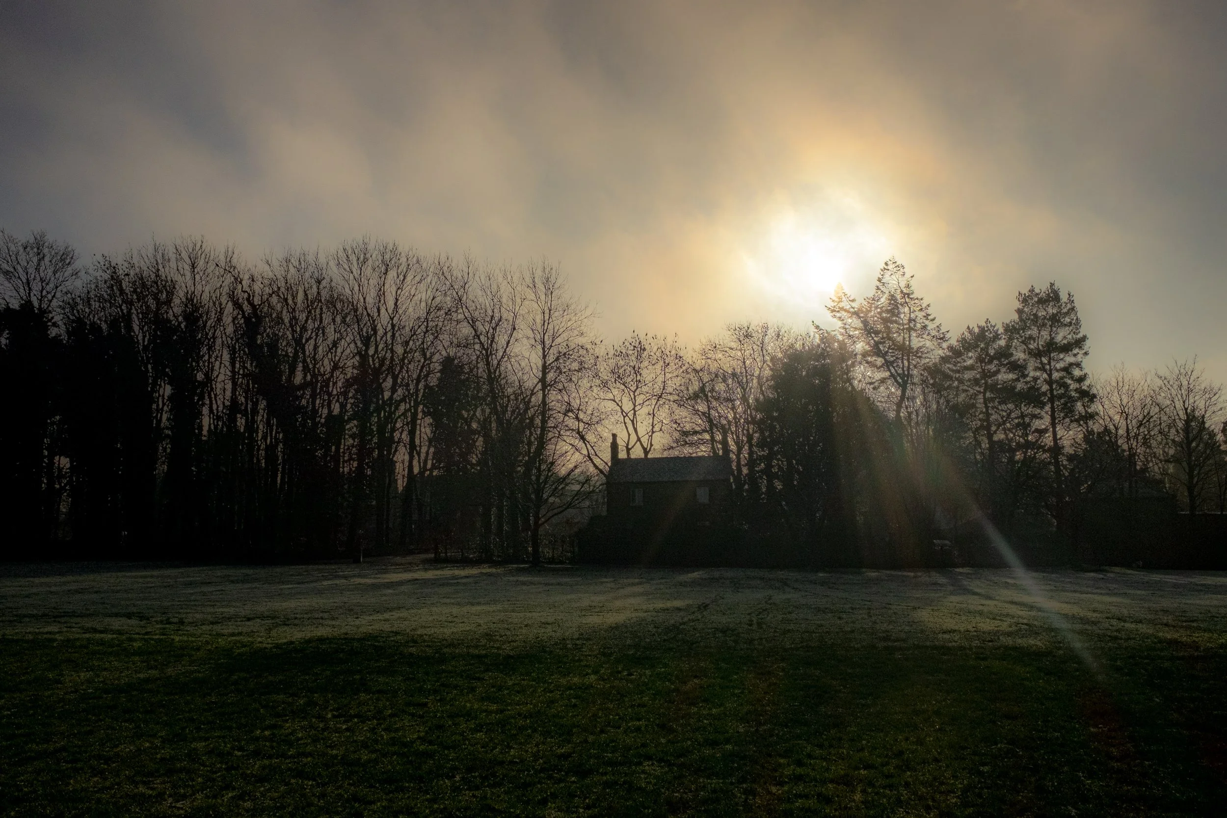 Sunrise over a tree-lined landscape with a house in the distance.