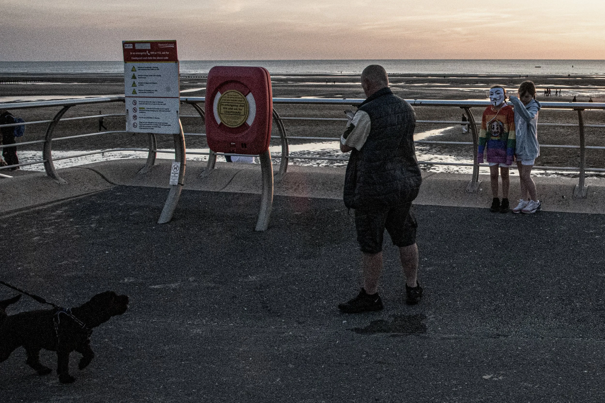 People near the beach at sunset, with one person wearing a Guy Fawkes mask and another person standing nearby, along with a dog in the foreground.