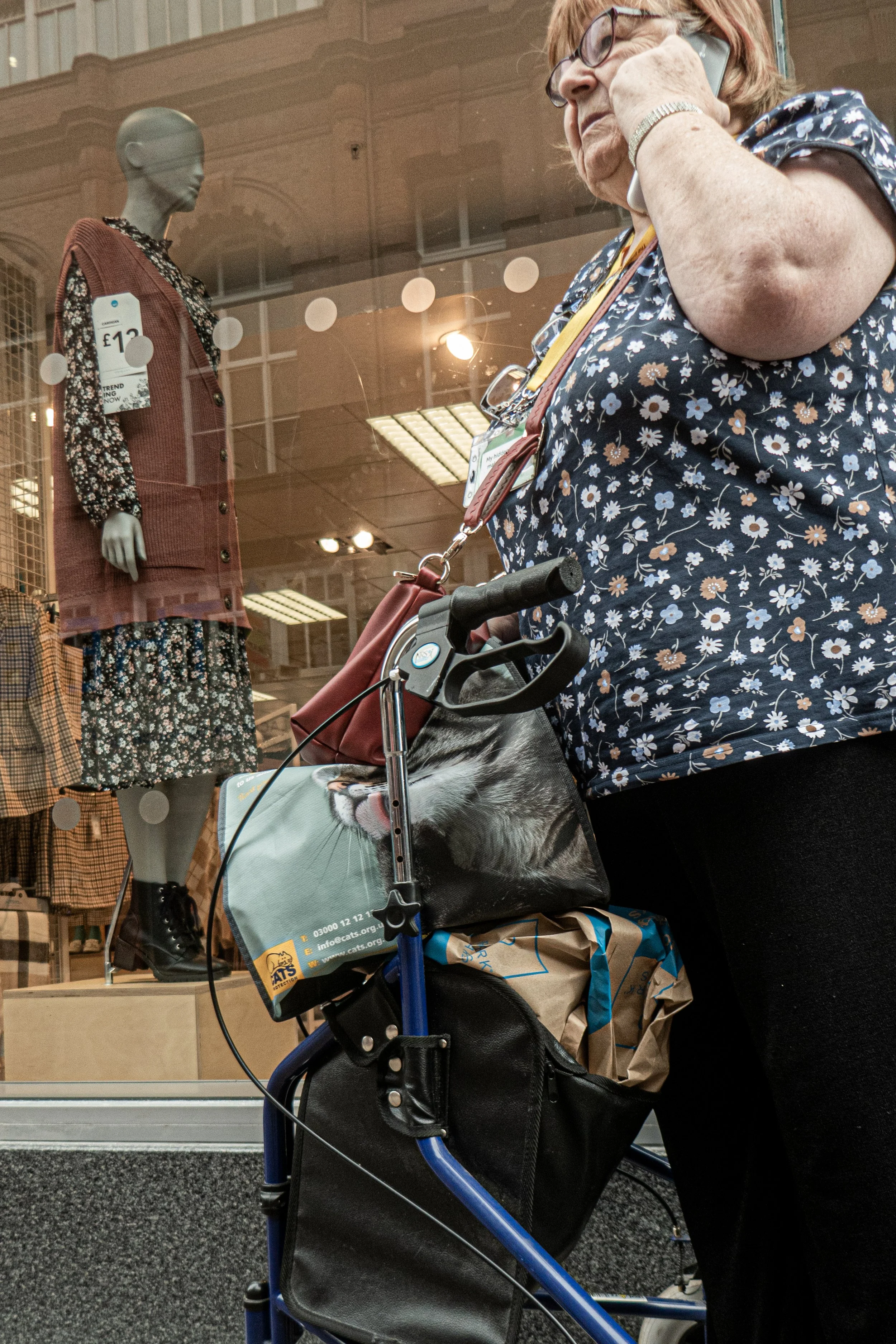 A woman with glasses talking on a cellphone while holding the handlebar of a shopping walker in a store window display. The window shows a mannequin dressed in vintage-style clothing and a price tag of 12 pounds.