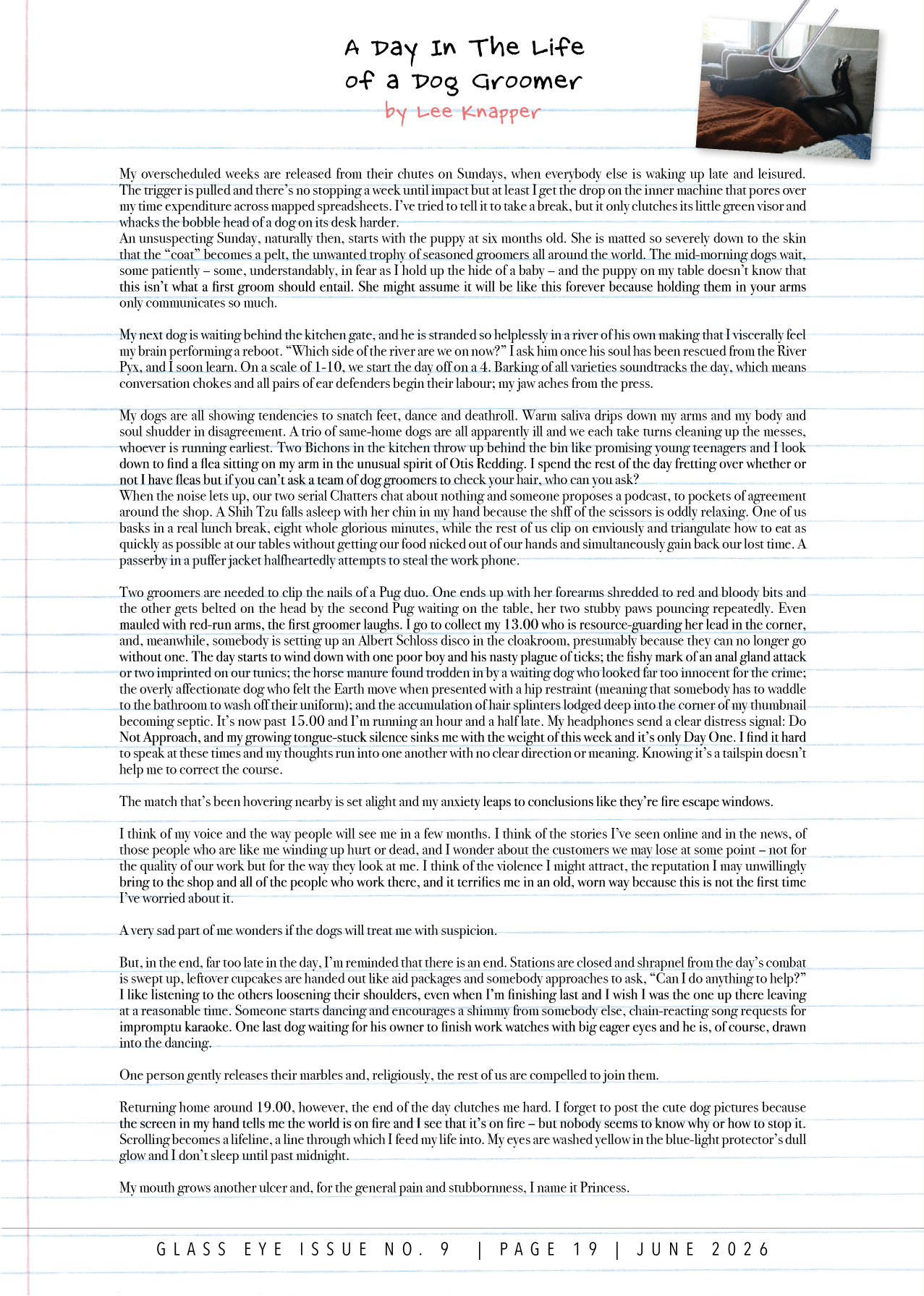 Cover page of a magazine or newsletter titled "Glass Eye Issue No. 9, Page 19, June 2026" featuring a handwritten-style article titled "A Day In The Life of a Dog Groomer" by Lee Knapper, with a small photograph of a dog laying on a couch, sleeping, 