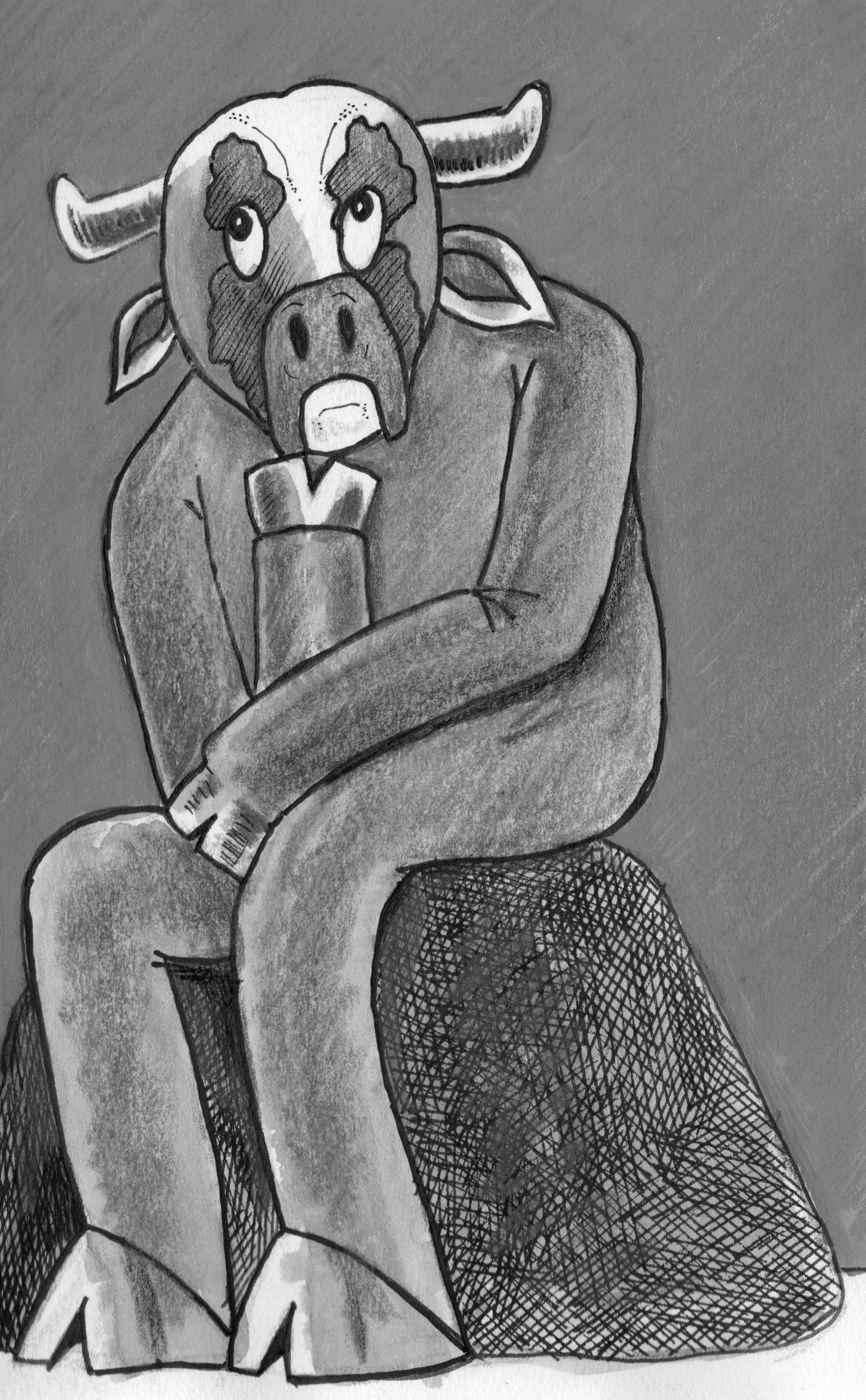 Hand-drawn black-and-white cartoon of a worried bull in a suit and tie, with large horns and wide eyes.