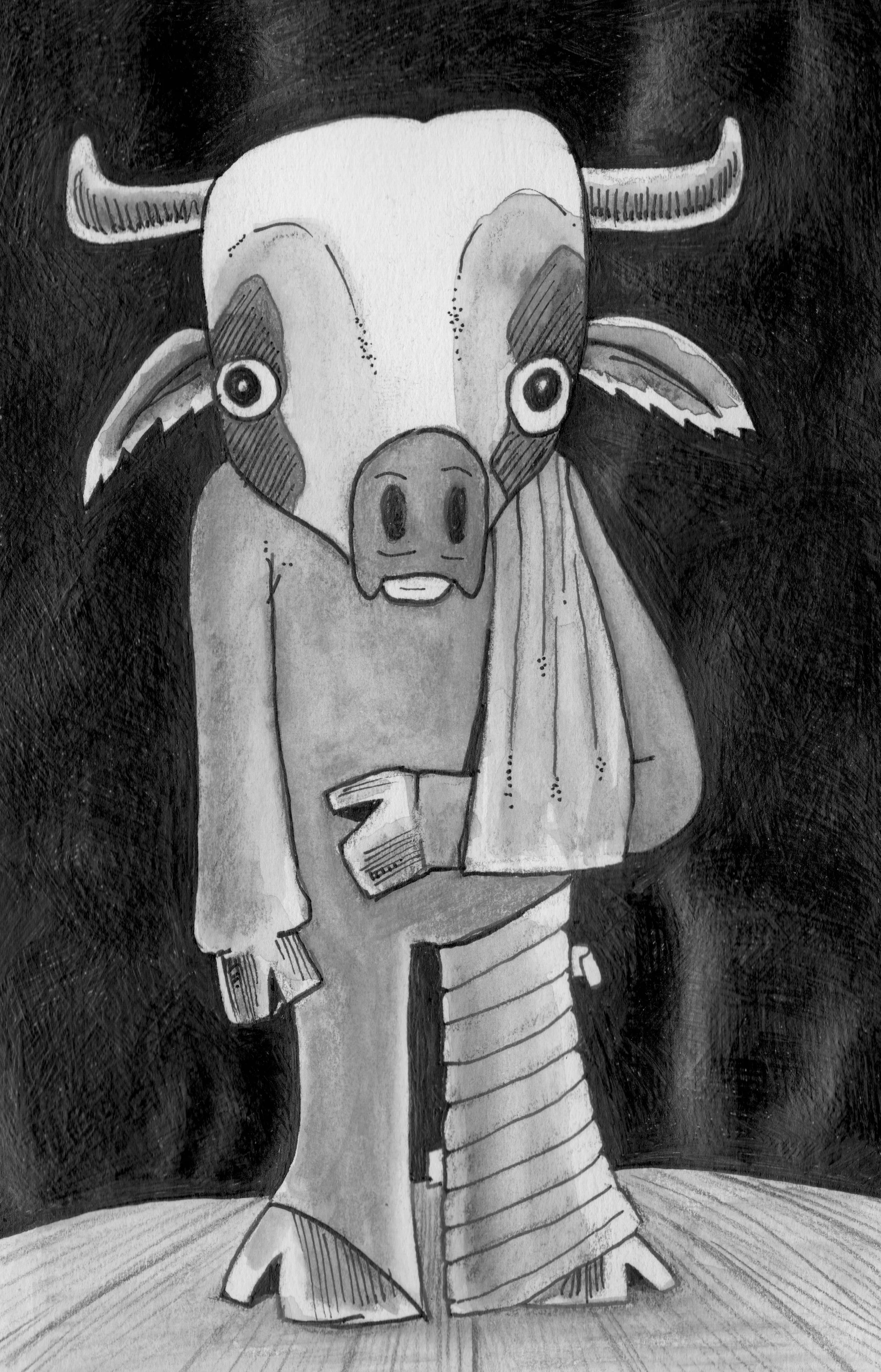 Black-and-white illustration of a whimsical long-eared donkey sitting on a wooden floor with crossed arms.