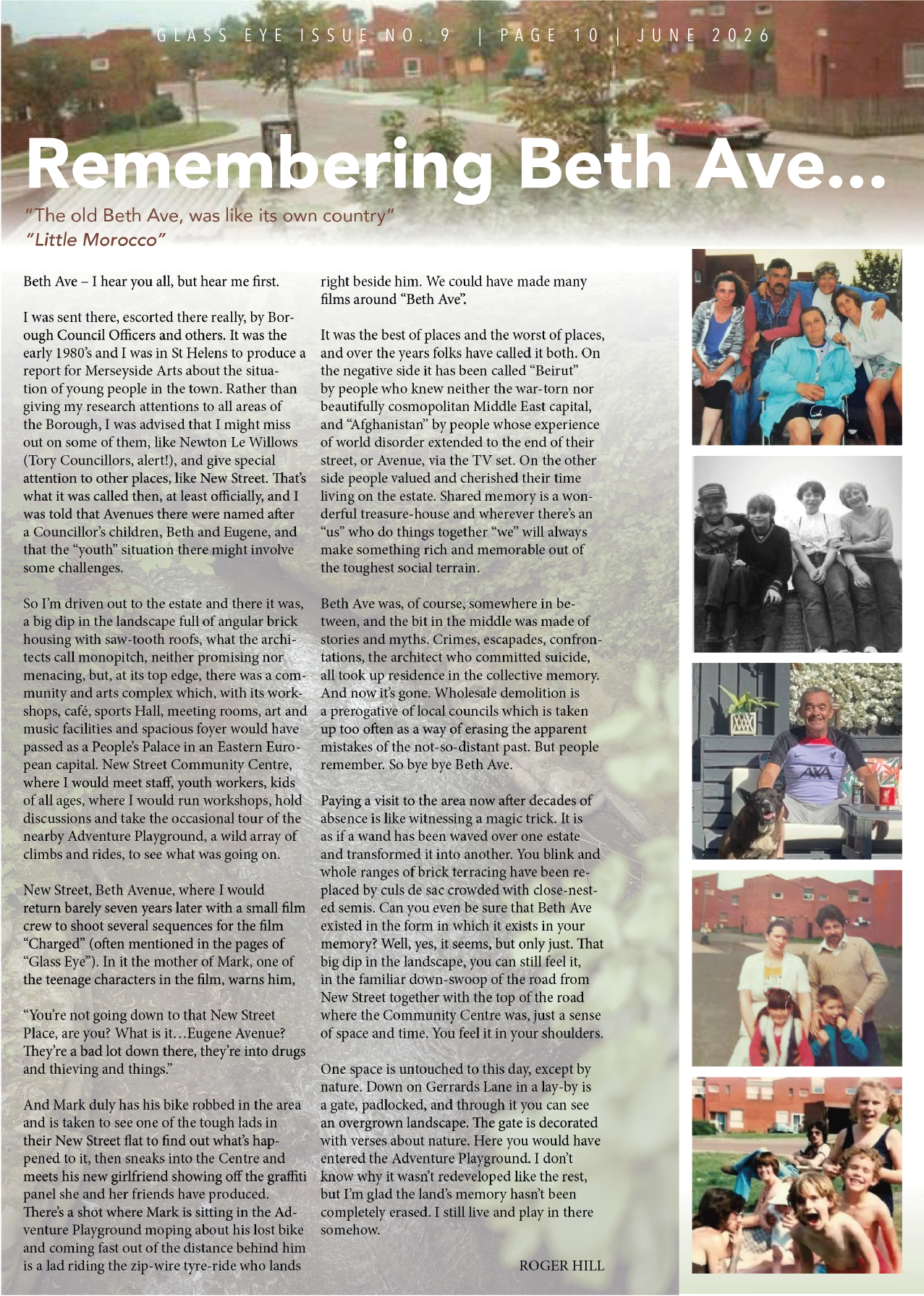 A newspaper page titled 'Remembering Beth Ave...' with three photos on the right side: the top photo shows five people sitting outdoors, the middle photo shows four individuals sitting on a bench, and the bottom photo shows three people standing outs