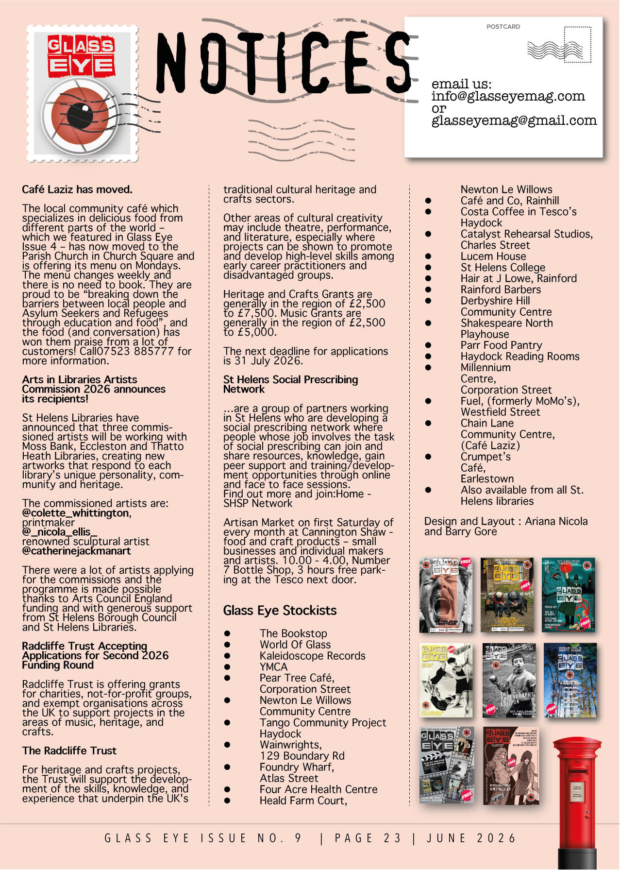 A newsletter page with notices about Glass Eye magazine, including art commissions, local community updates, and various cultural and craft events. The page features images of magazine covers and a red post box at the bottom right.