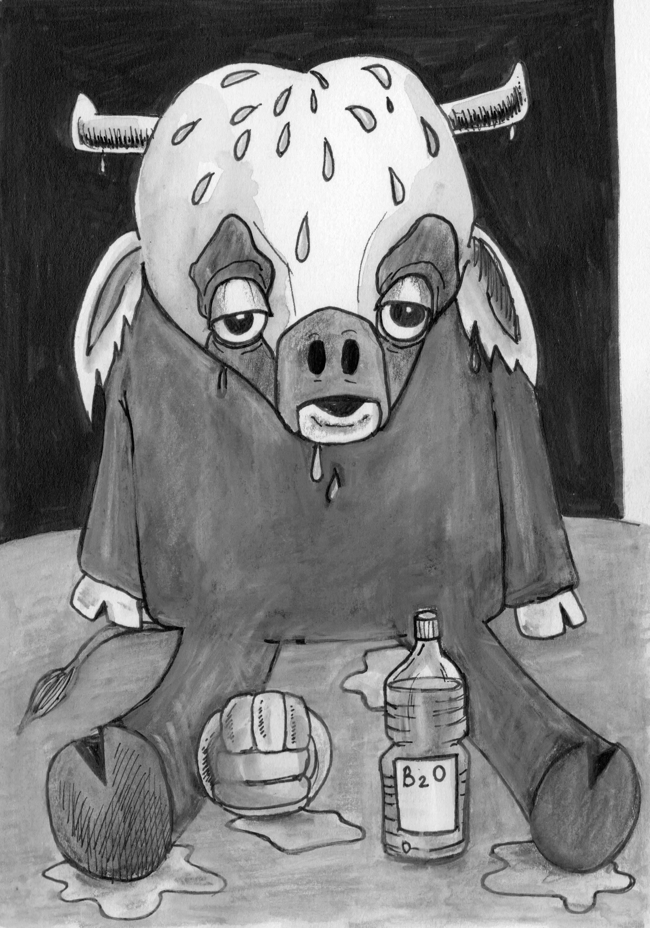 Hand-drawn cartoon of a sad, droopy-eared cow in a lab coat holding a test tube labeled B2O and a clenched fist, with spilled liquid and a brush on the floor.
