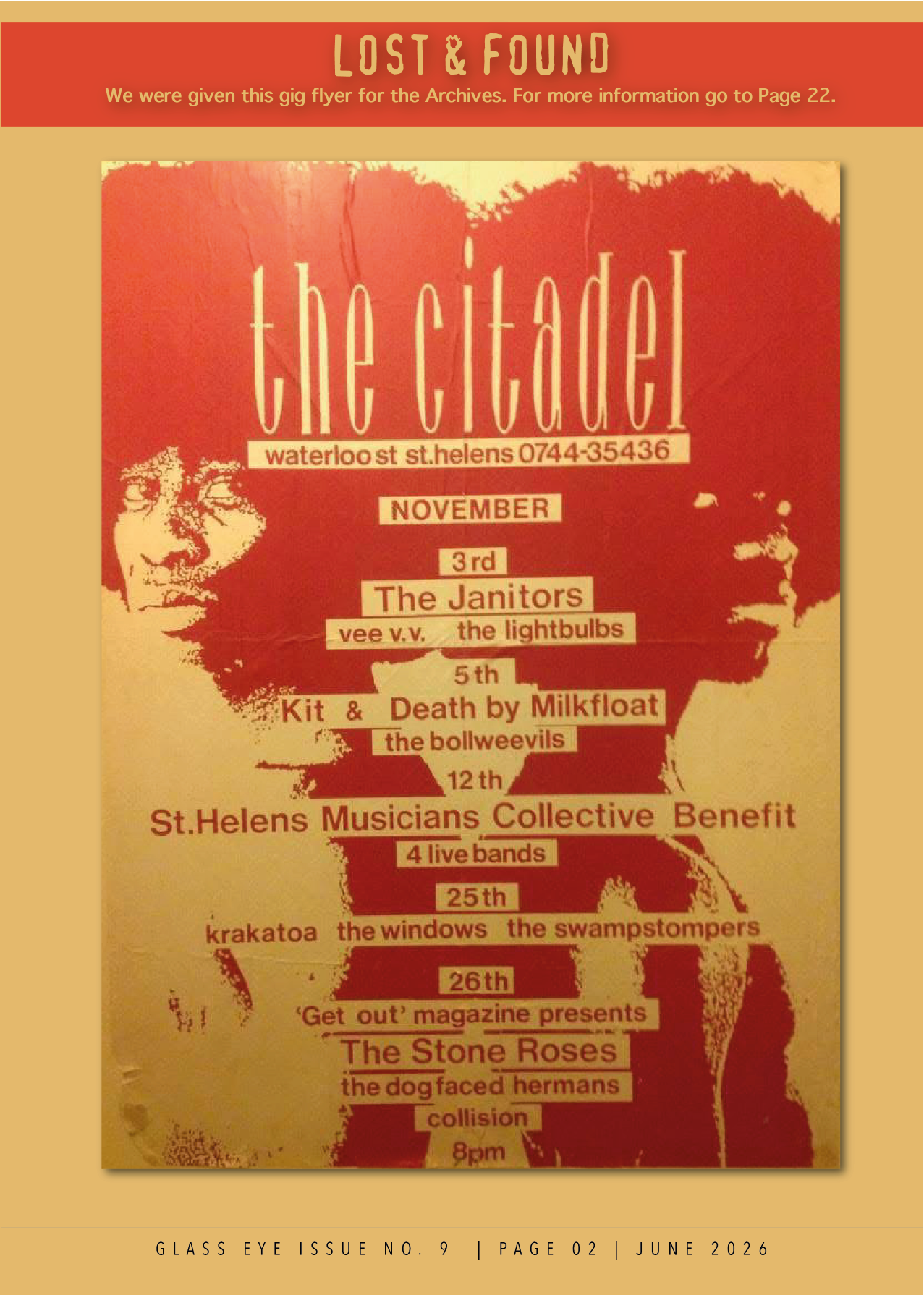 A flyer titled 'Lost & Found' for an event in November at a venue called 'The Citadel' on Waterloo Street in St. Helens. The flyer lists bands and performers scheduled to play, including The Janitors, Kit & Death by Milkfloat, The Bollweevils, and Th
