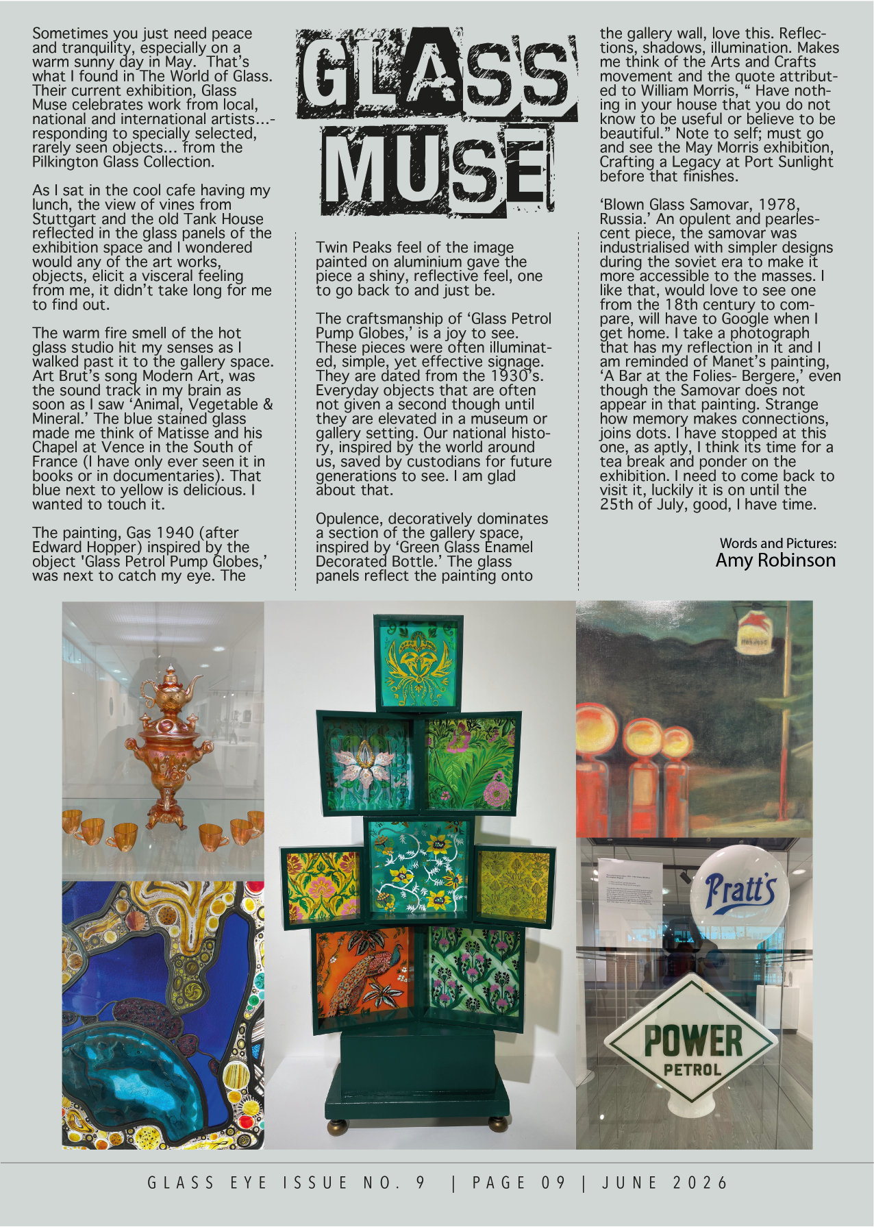 A large informational board about glass art and a photograph of a glass sculpture with multiple smaller glass art pieces, including stained glass, and a sign for 'Power Petrol' on a glass door.