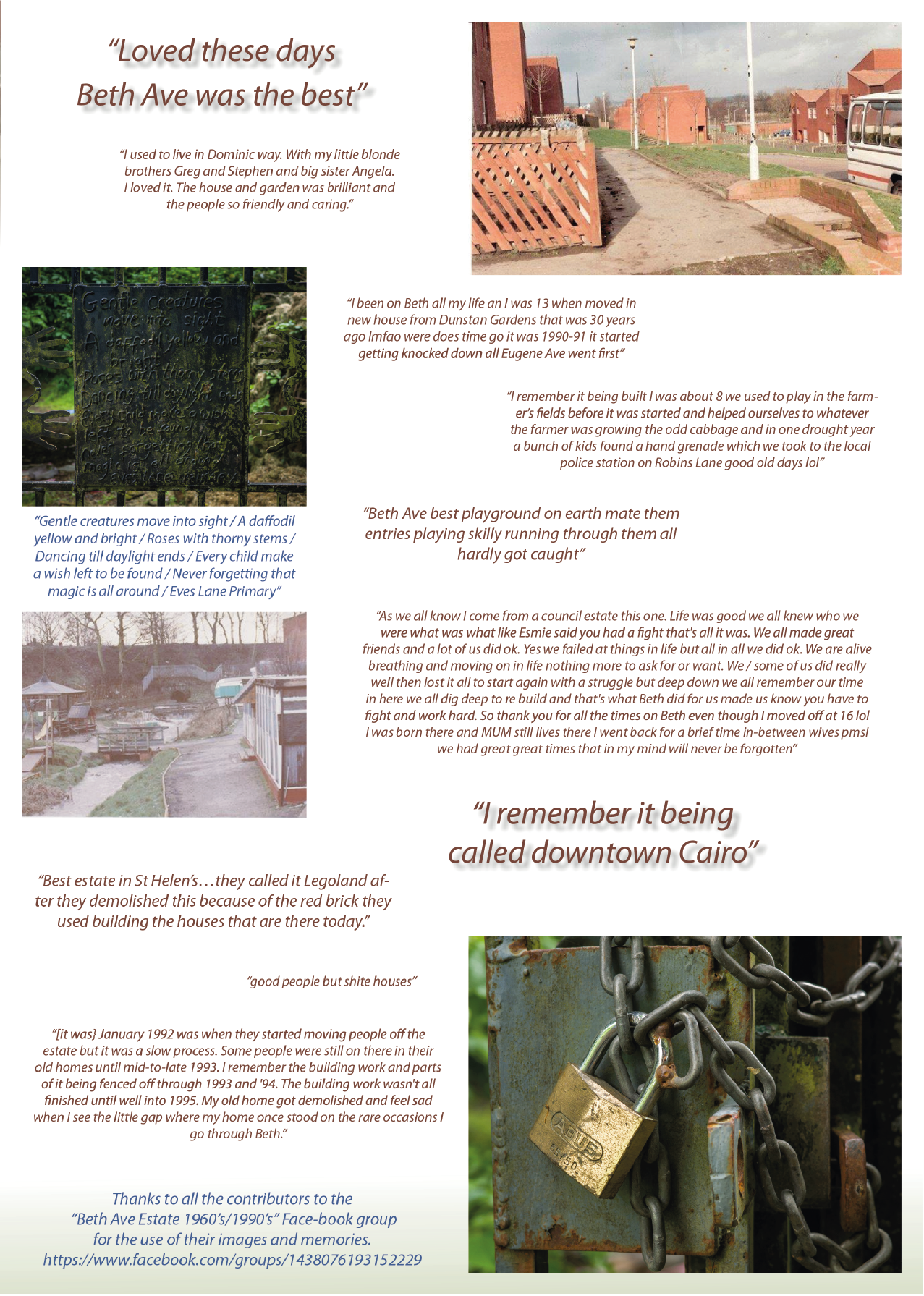 A collage of photographs and quotes reflecting memories of Beth Avenue and the surrounding neighborhood in Egypt, including a street view, a metal gate with a poem, a childhood home, a padlocked fence, and textual reflections on childhood, family, an
