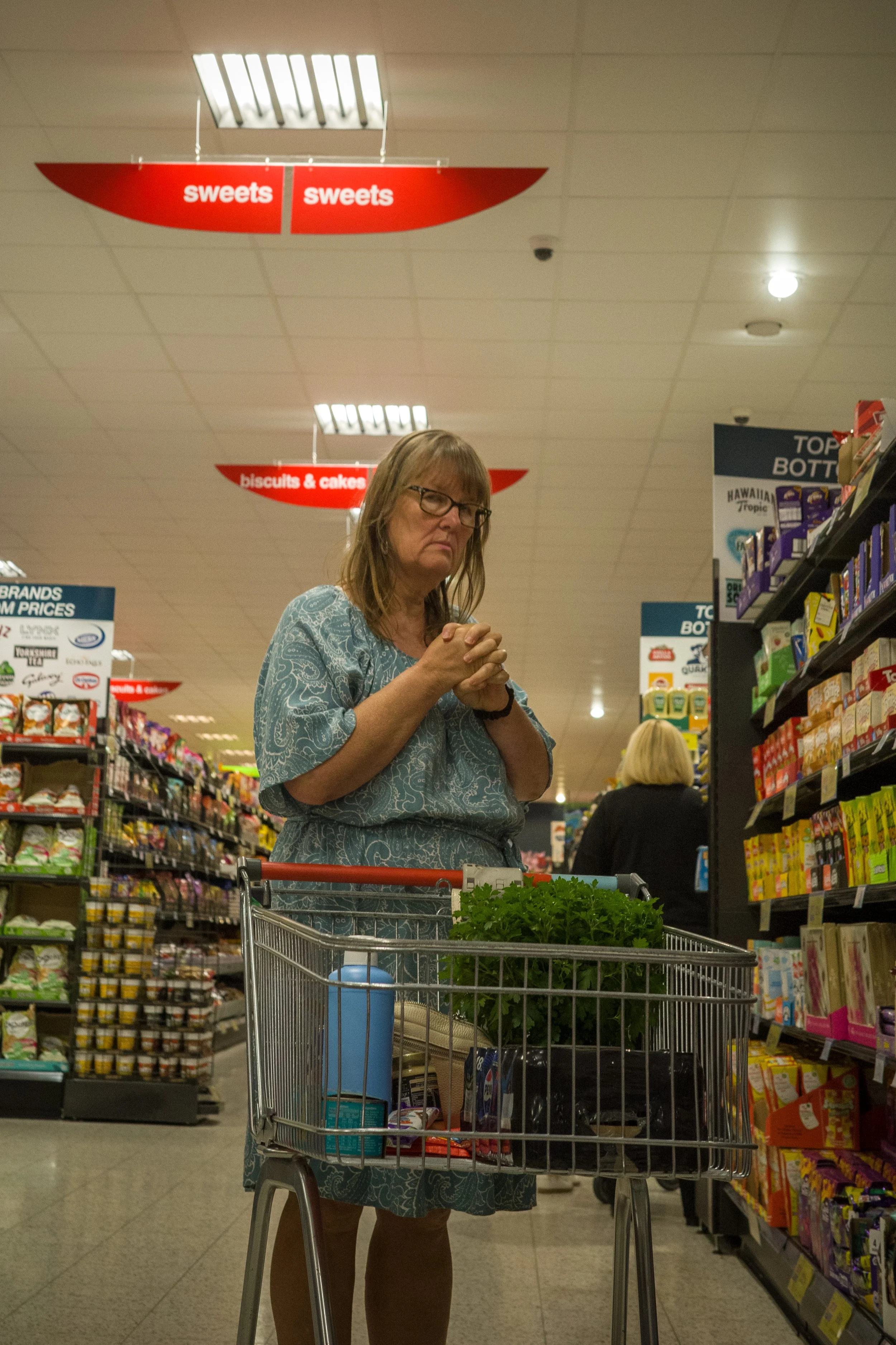 A woman with glasses and a patterned dress standing in a grocery store aisle, holding her hands together and leaning on a shopping cart filled with plants and groceries.