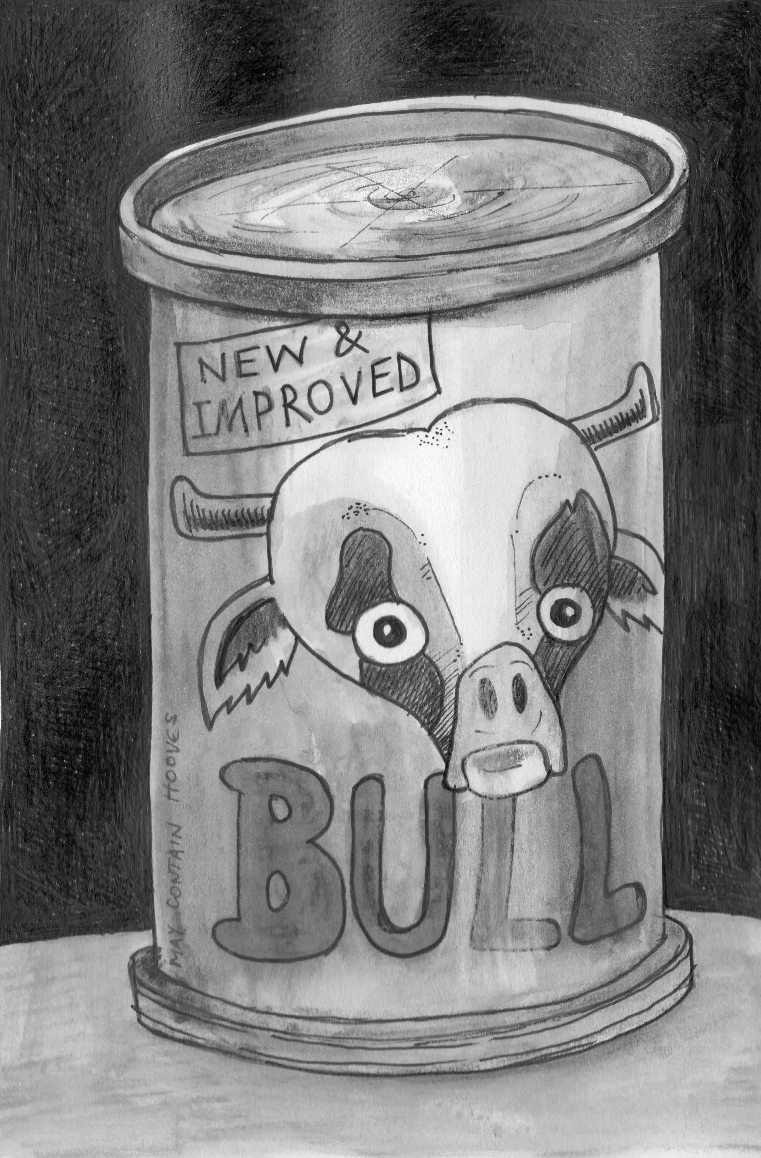 Black-and-white drawing of a cartoon dog wearing a hat labeled “Never & Improved,” standing on a base labeled “DOG.”