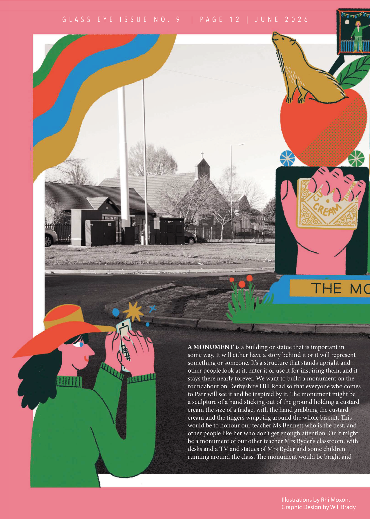 A colorful magazine cover titled 'Glass Eye Issue No. 9, Page 12, June 2026' with illustrations of a girl with long hair and a hat, taking a photo, a child reading a book, a sitting fox on a large peach, a rainbow, and a small drawing of a stage with