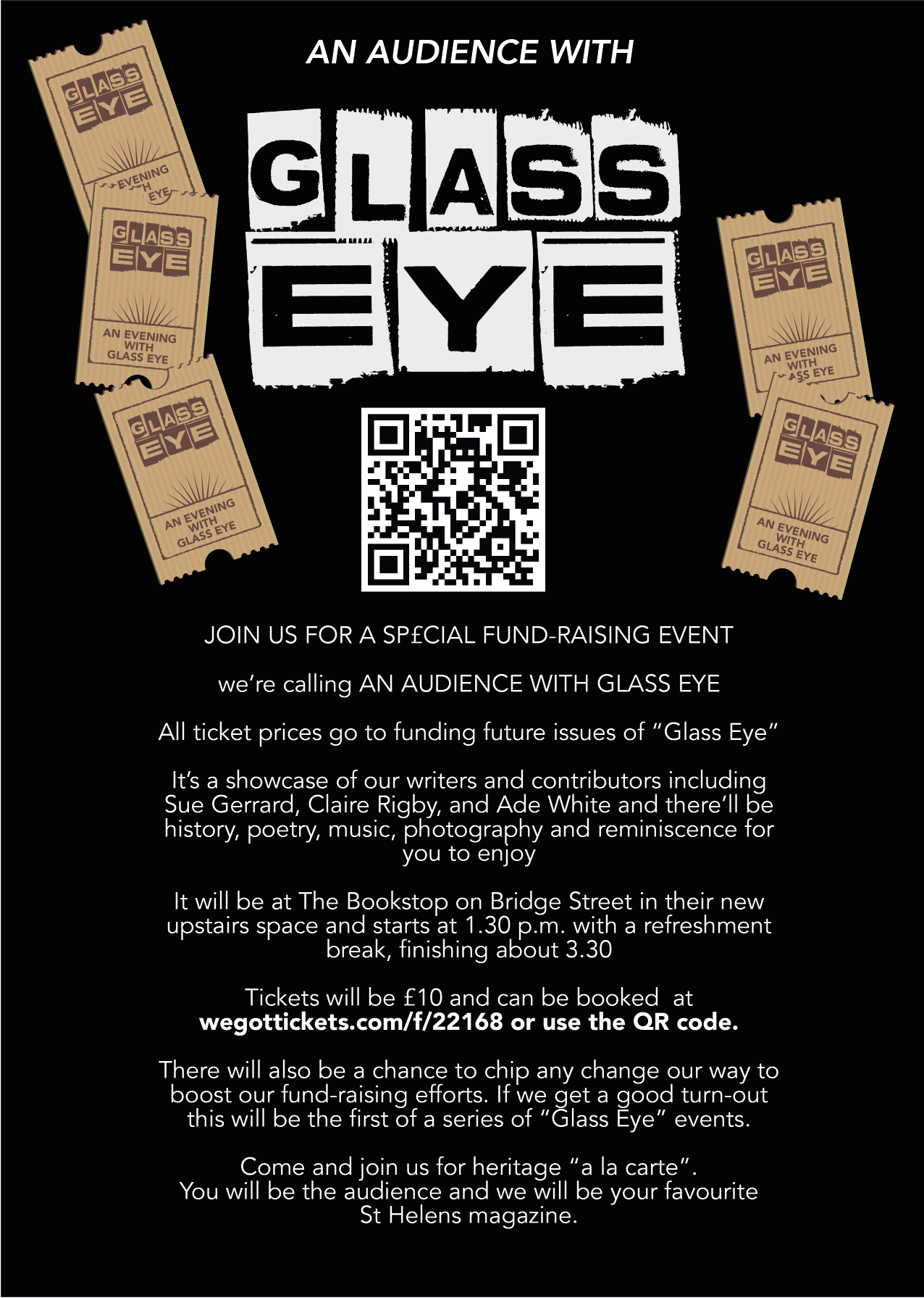 Event poster titled "An Audience with Glass Eye" promoting a fundraising event at The Bookstop on Bridge Street, featuring tickets, a QR code, and decorative tickets for the event.