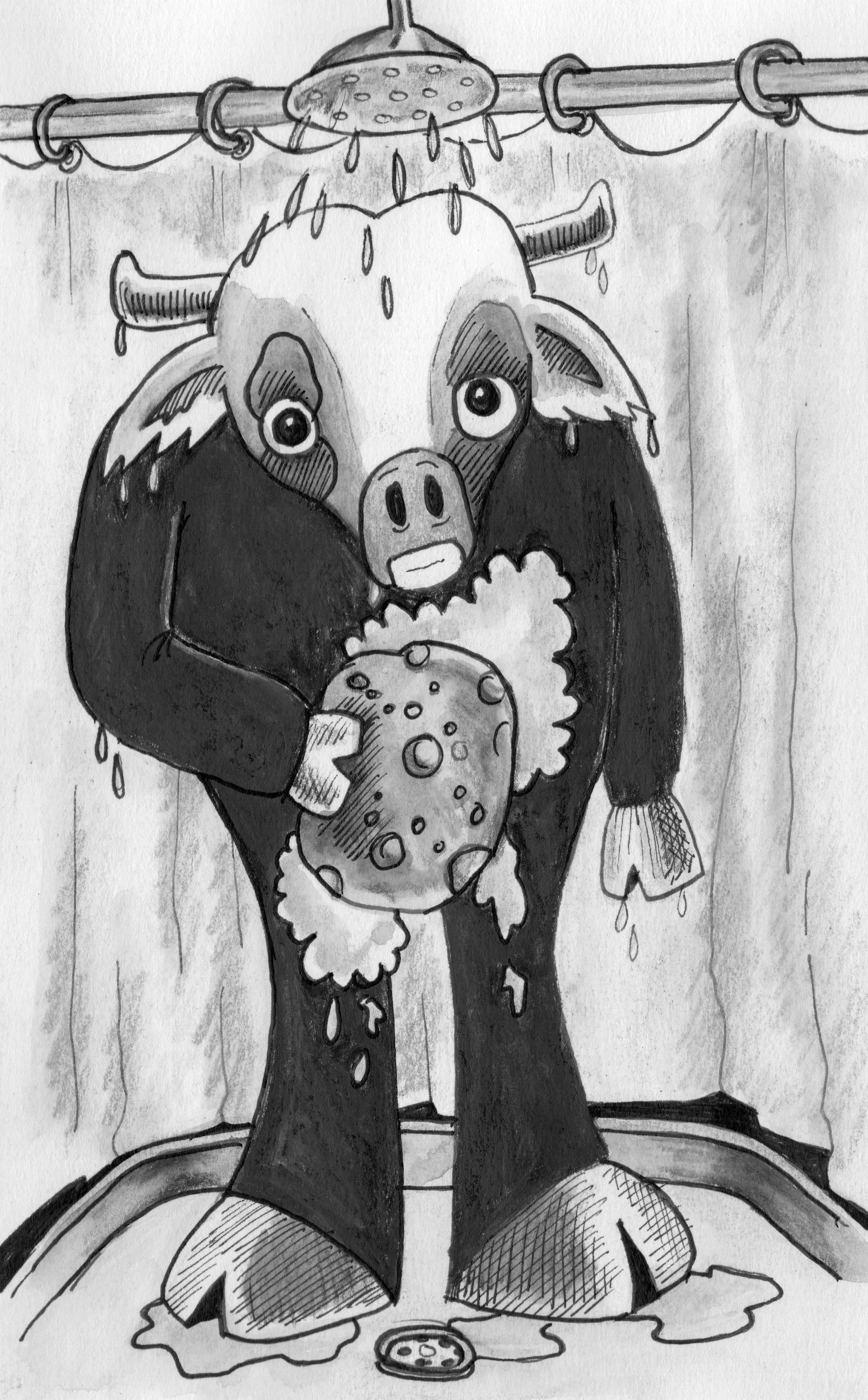 Hand-drawn cartoon of a surprised, rain-soaked donkey wearing a sombrero and dark coat, standing on a wet tree branch.