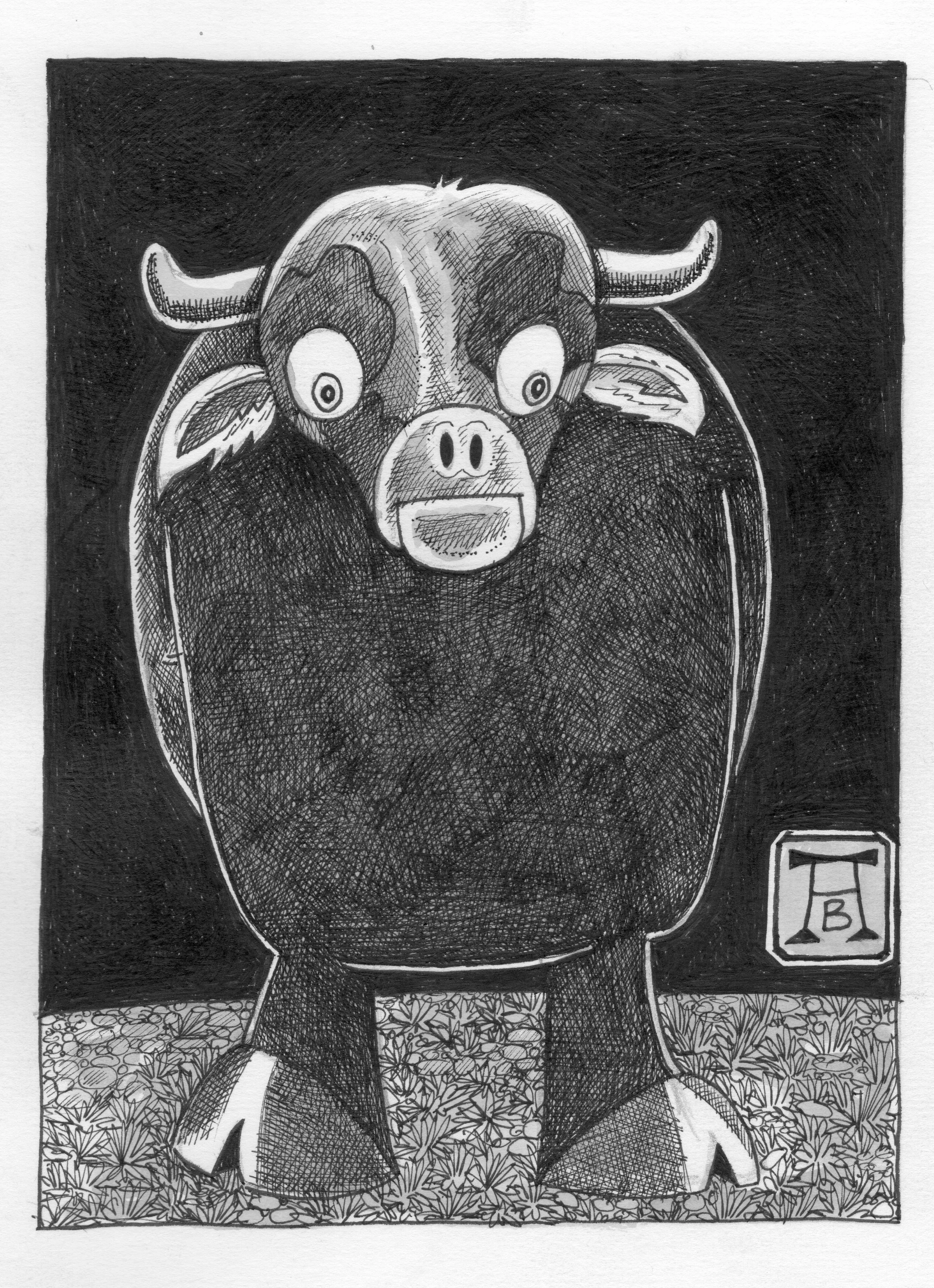 Black-and-white hand-drawn cartoon of a wide-eyed horned bull standing in a grassy field with a small fence sign.