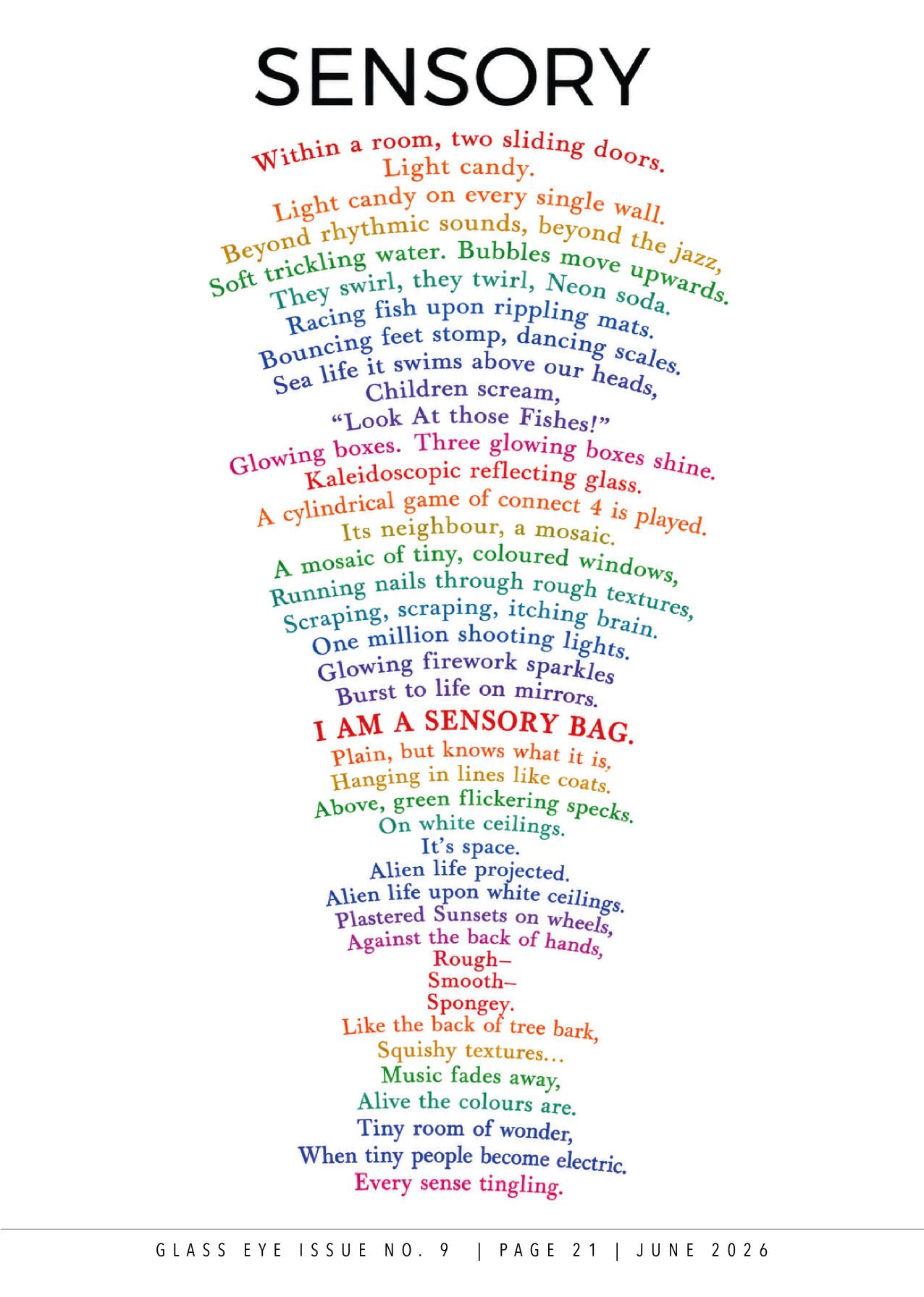 Colorful poem titled 'Sensory' in a shape resembling a glowing light bulb with lines of text in various colors and fonts describing sensory experiences, ending with 'Every sense tingling.'