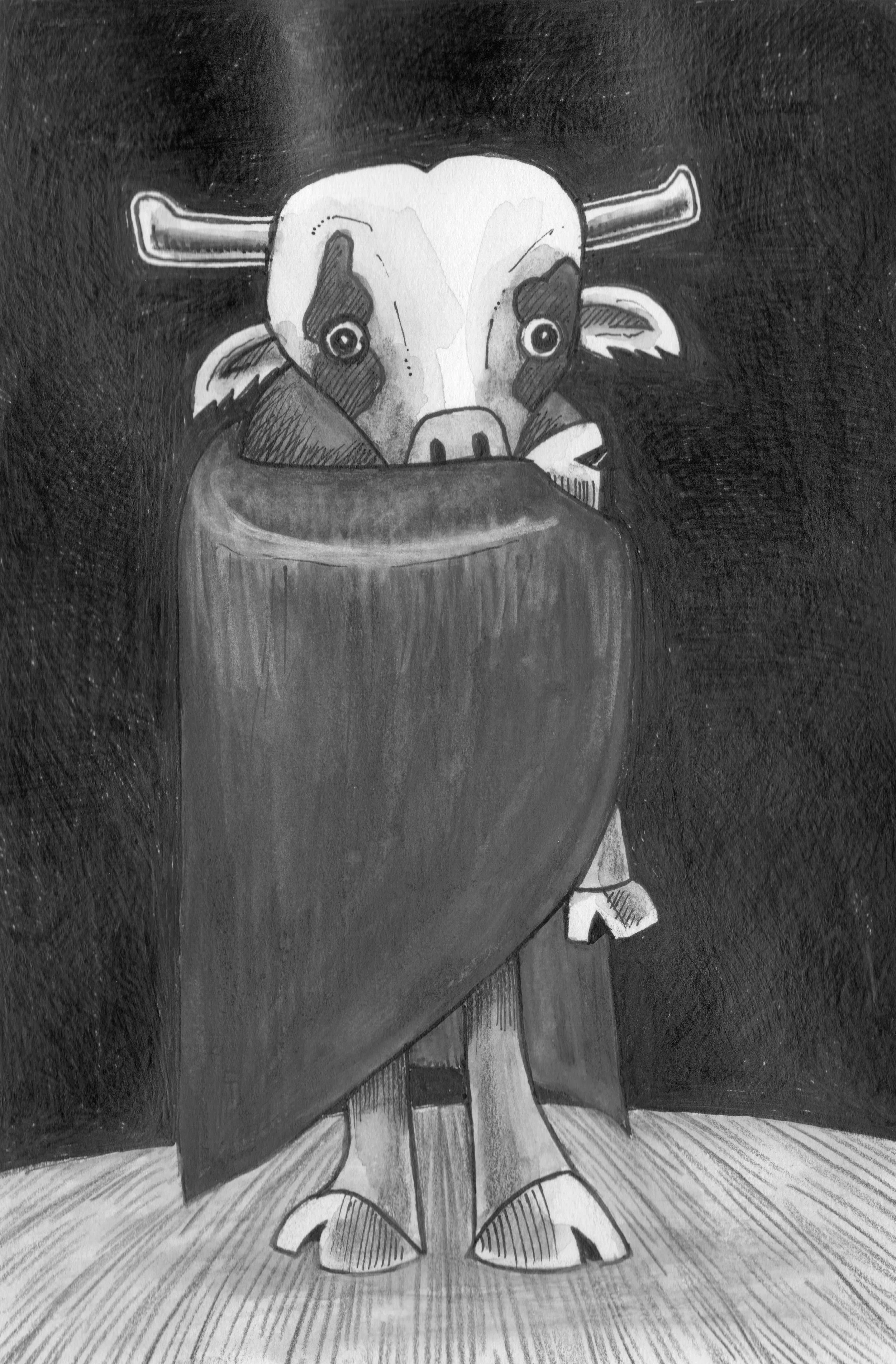 Black-and-white illustration of a cartoon cow standing in a wooden barrel, viewed from above.