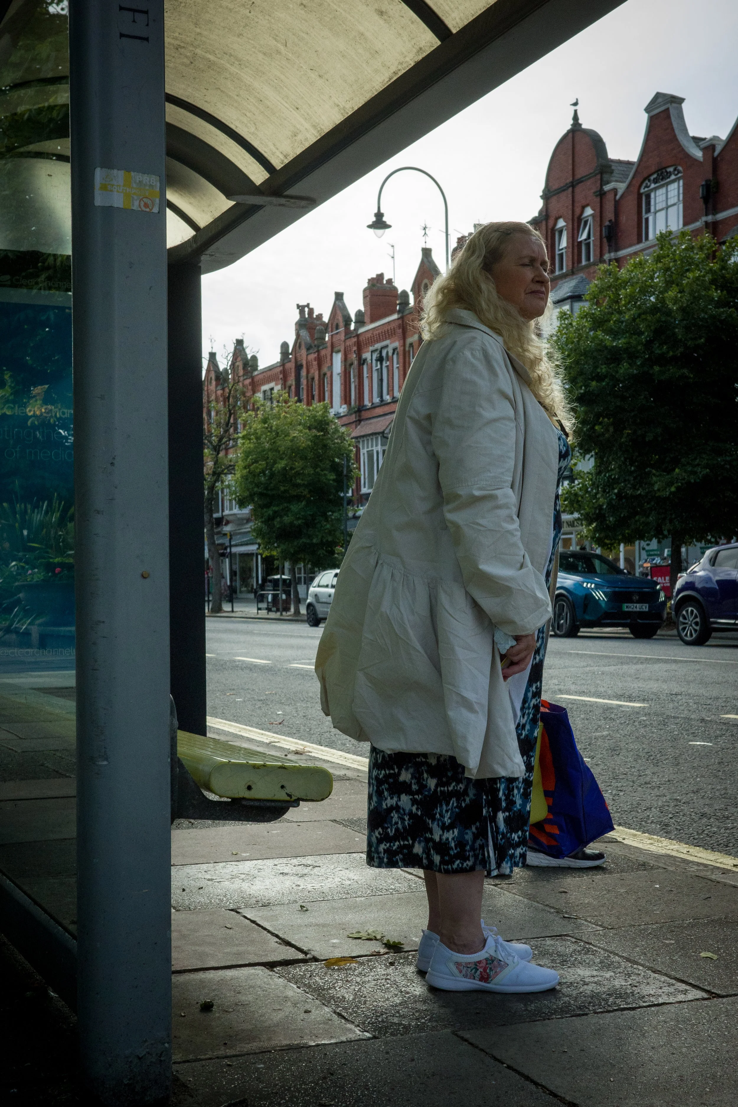 A woman standing at a bus stop on a city street, with brown decorative brick row houses in the background, trees, and parked cars.