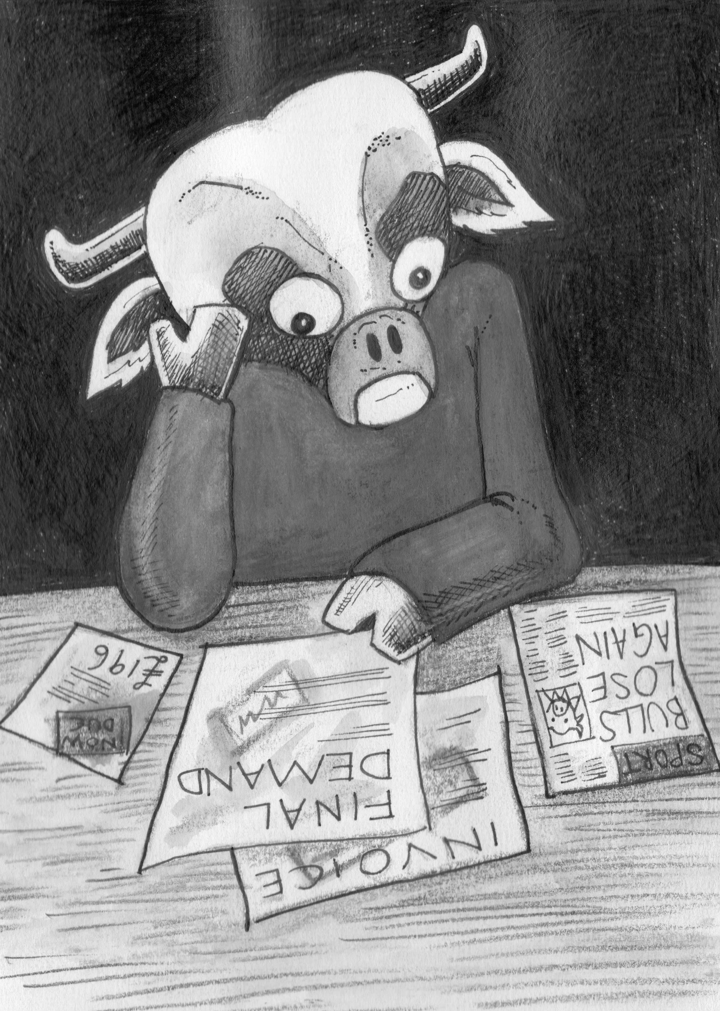 Black-and-white cartoon of a sad, exhausted person sitting among scattered papers and envelopes.