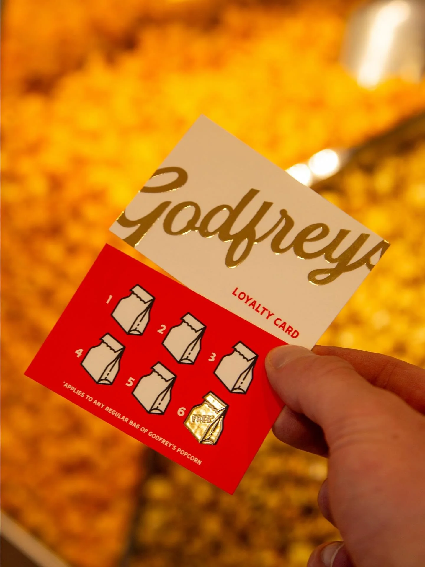 ✨Introducing the Godfrey&rsquo;s Loyalty Card✨
Because one bag is never enough. 🍿
Buy 5 bags, and your 6th is on us. Simple, golden, delicious.

We&rsquo;re sorry this took so long, but it&rsquo;s here and it&rsquo;s golden 🤝
Popcorn lovers, your l
