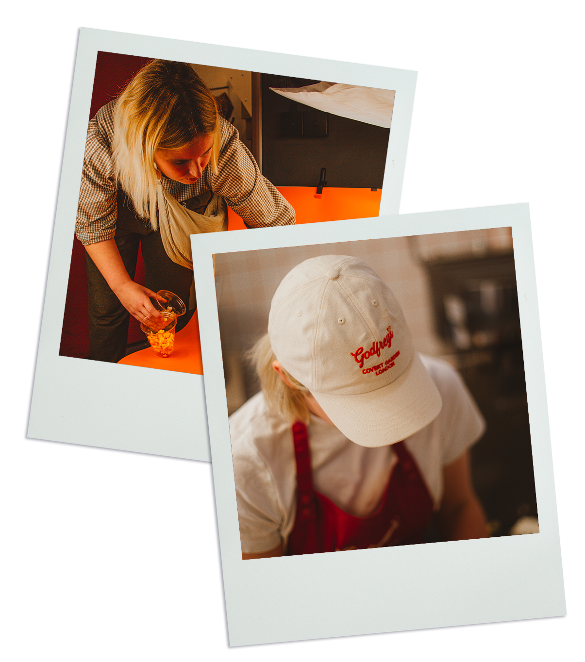 Two Polaroid photos overlapping, one showing a woman pouring food into a container, and the other showing a person with blonde hair wearing a white cap with red text, wearing an apron in a kitchen.