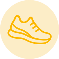 A yellow icon of a sneaker or running shoe on a circular yellow background.