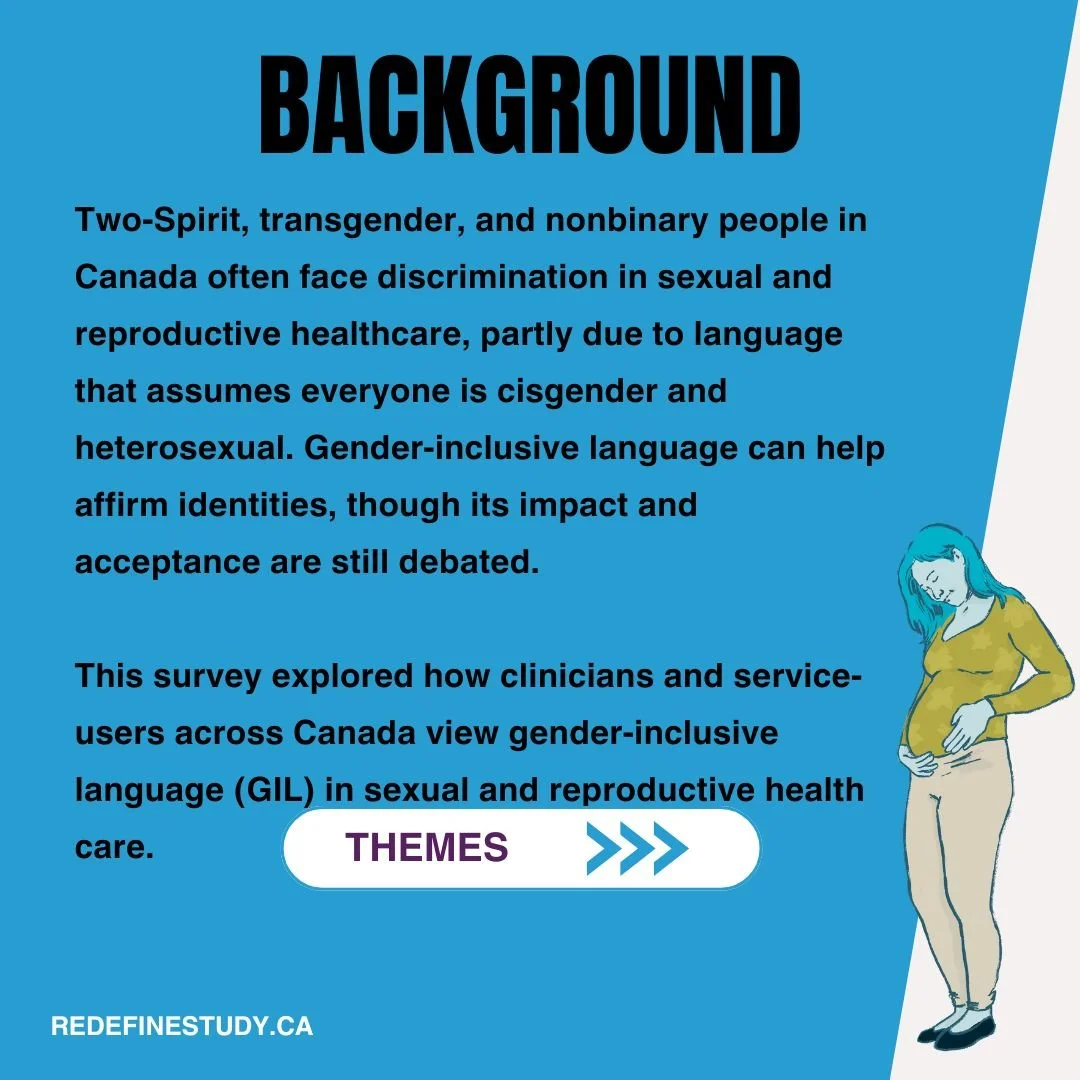 BACKGROUND, Two-Spirit, transgender, and nonbinary people in Canada often face discrimination in sexual and reproductive healthcare, partly due to language that assumes everyone is cisgender and heterosexual. Gender-inclusive language can help affirm