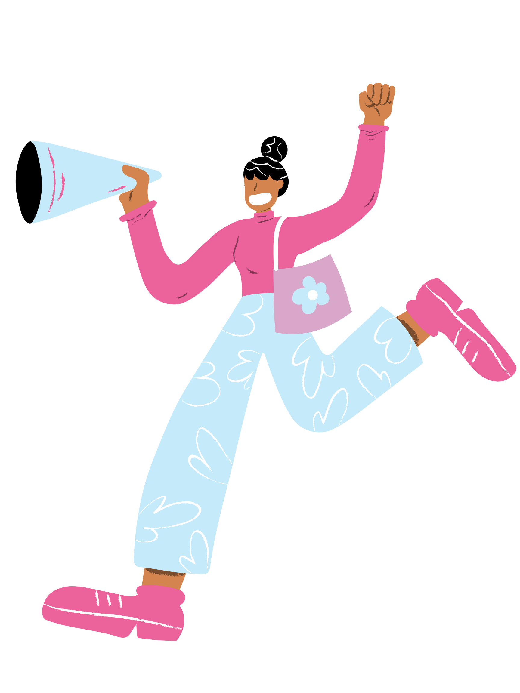 Joyful person in pink shirt and blue pants outfit jumping with a speaker and a purple bag with a flower design.