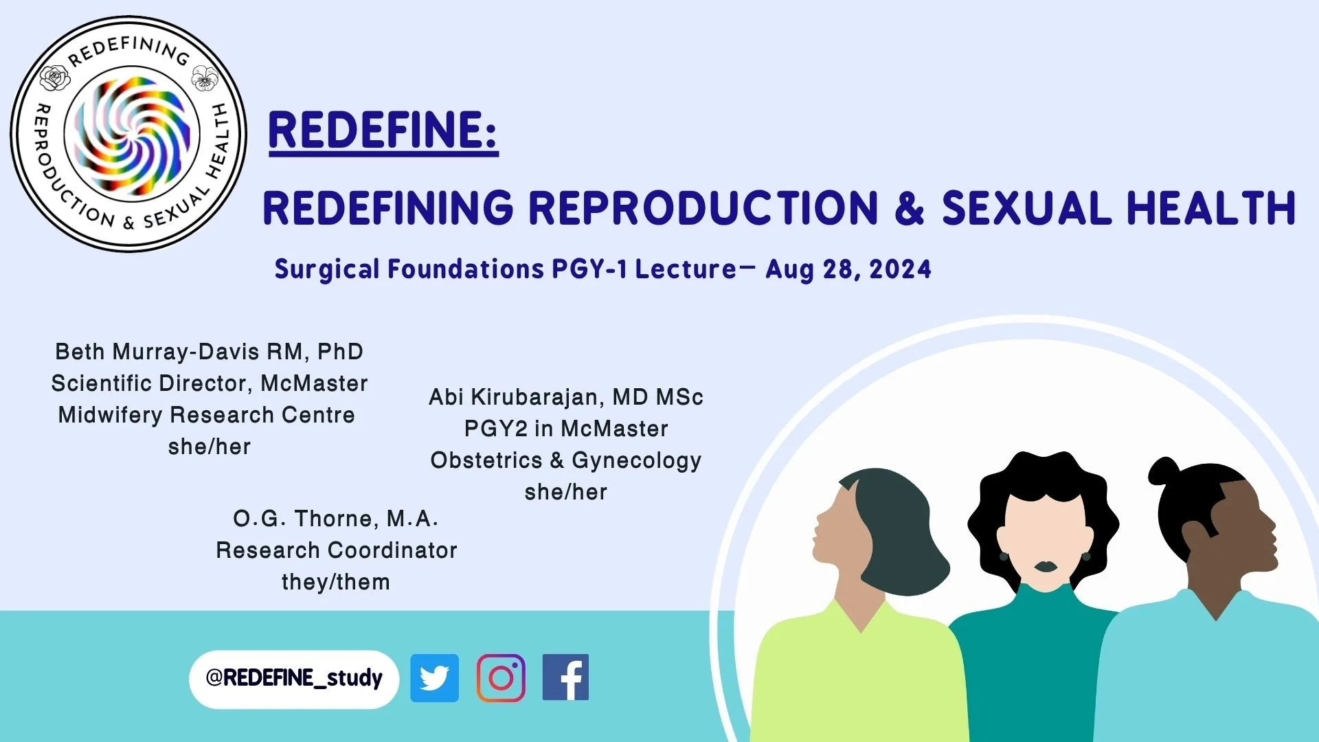 A presentation slide titled 'REDEFINE: REDEFINING REPRODUCTION & SEXUAL HEALTH' for a PGY-1 lecture on August 28, 2024, presented by Beth Murray-Davis, Abi Kirubarajan, and O.G. Thorne, featuring a logo in the top left corner and an illustration of three women of different ethnicities on the right side, with social media icons at the bottom.
