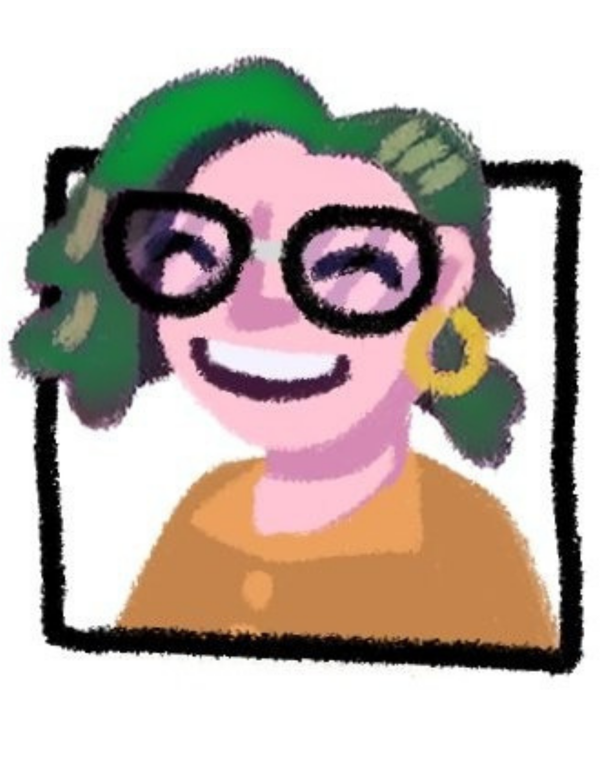 O.G's digitally drawn profile pic. They have a golden coloured shirt, green hair, and big glasses.