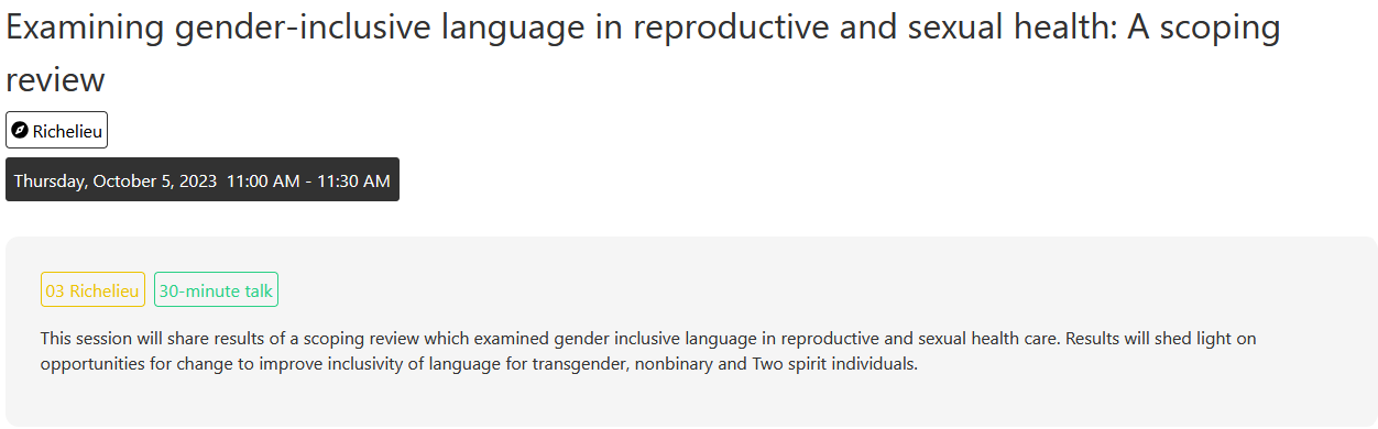 Screenshot of an online event page for a talk on gender-inclusive language in reproductive and sexual health, scheduled for October 5, 2023, from 11:00 to 11:30 AM, hosted by Richelieu, with labels indicating it is a 30-minute talk.