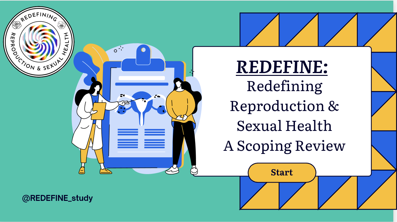 Digital graphic promoting a review of redefining reproductive and sexual health, featuring two women health professionals, a reproductive health chart, and a colorful geometric border. The logo in the upper left corner says 'Redefining Reproduction & Sexual Health'.
