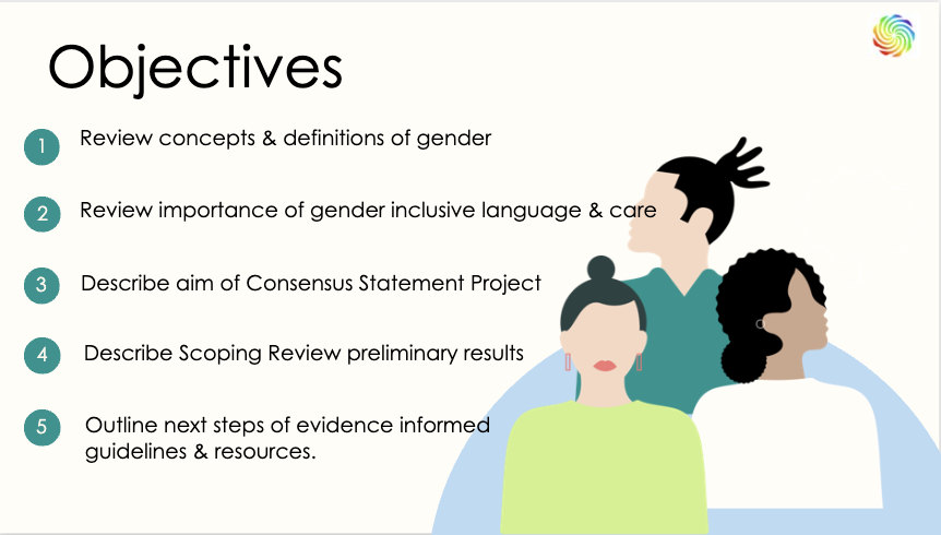 Slide listing five points of presentation details: reviewing concepts, reviewing importance, describing the aim, and scoping review preliminary results, along with next steps, with an illustration of three diverse people on the right.
