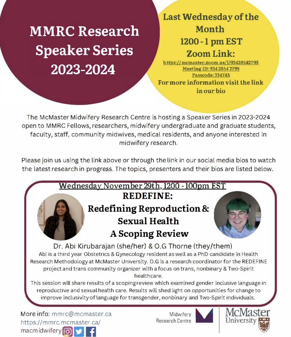 Event poster for a virtual review session titled 'REDEFINE: Redefining Reproduction & Sexual Health A Scoping Review,' scheduled for Wednesday, November 29th, from 12:00 to 1:00 PM EST, hosted by Dr. Abi Kirubarajan and O.G Throne.