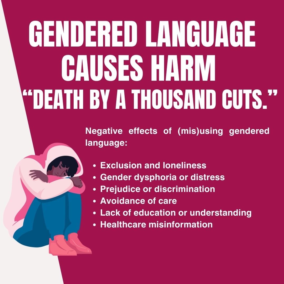ENDERED LANGUAGE CAUSES HARM ‘Death by a thousand cuts, egative effects of (mis)using gendered language: Making people feel left out or lonely, Causing gender-related stress, Leading to unfair treatment, Making people avoid getting care, Not teaching