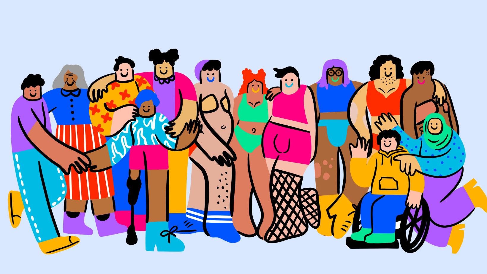 Diverse group of people with different body types and abilities, smiling and posing together in colorful clothing against a light blue background.