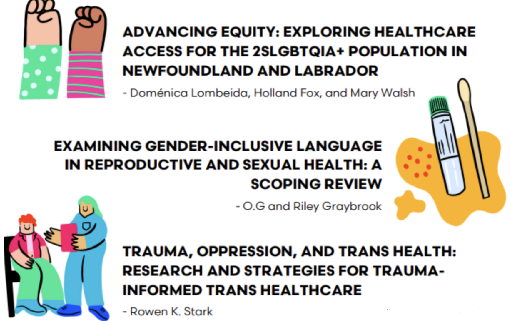 Cover page with illustrations of a raised fist, two healthcare workers, and medical tools, and text discussing healthcare access, gender-inclusive language, and trauma-informed care for LGBTQ+ populations.