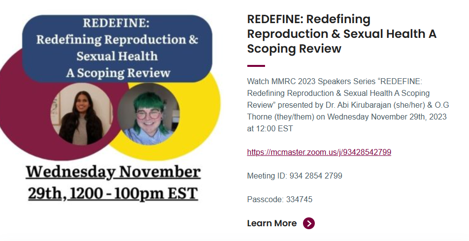 Event for a virtual review session titled 'REDEFINE: Redefining Reproduction & Sexual Health A Scoping Review,' scheduled for Wednesday, November 29th, from 12:00 to 1:00 PM EST, hosted by Dr. Abi Kirubarajan and O.G Throne.