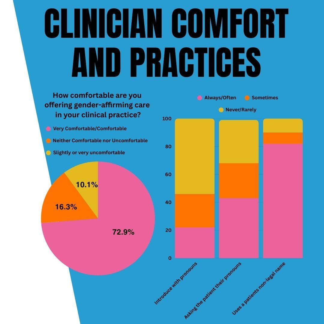 Clinician Comfort and Practices Pie and Bar graphs