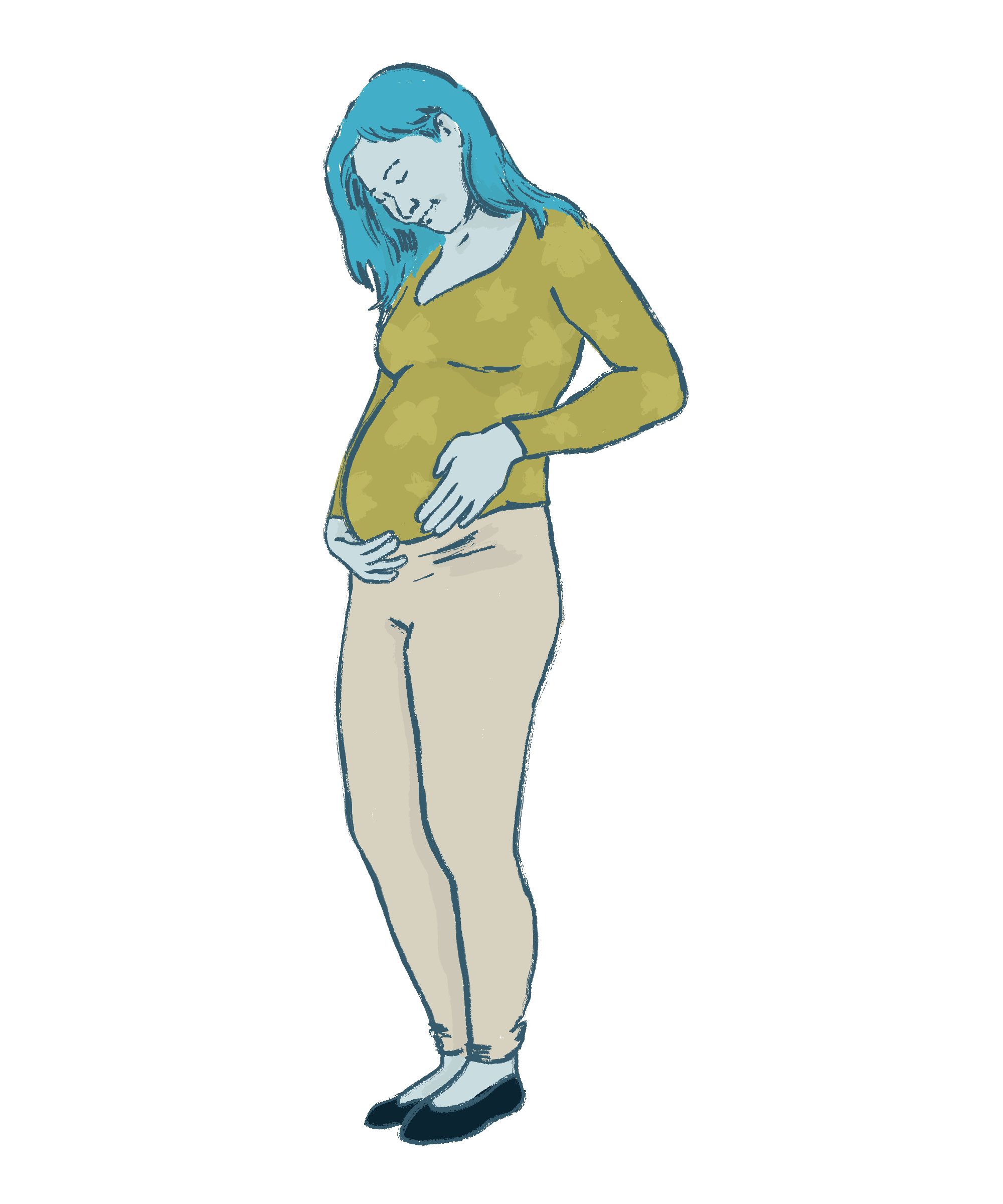 long haired pregnant person standing holding thier belly