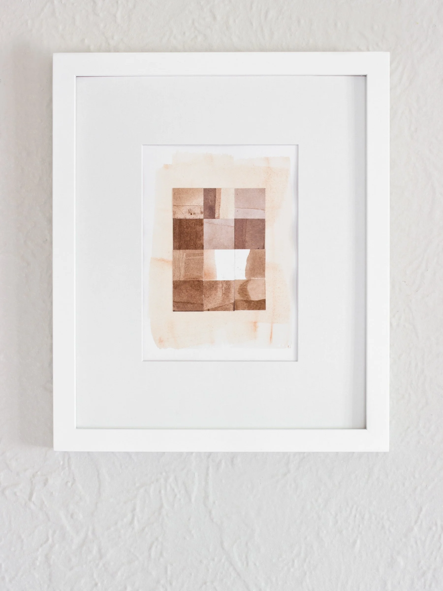 Perigrinari 5 / 6” x 9” (with frame 11” x 13”) / Watercolor paper collage with handmade avocado and pinecone dye and iron solution