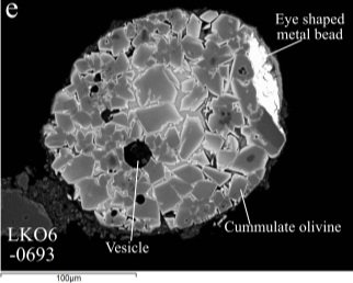 Porphyritic olivine (PO) -
PO spherules are dominated by olivines within glass and can contain "relict" crystals which are unmelted minerals. They tend to be more vesicular if the crystals are very small, and can have various textures.