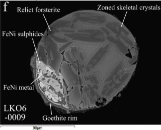 Coarse-grained -
Spherules with 50% unmelted "relict" crystals are called "coarse-grained". These have experienced the least amount of heating since they still preserve textures and minerals from their precursor meteoroid grain.