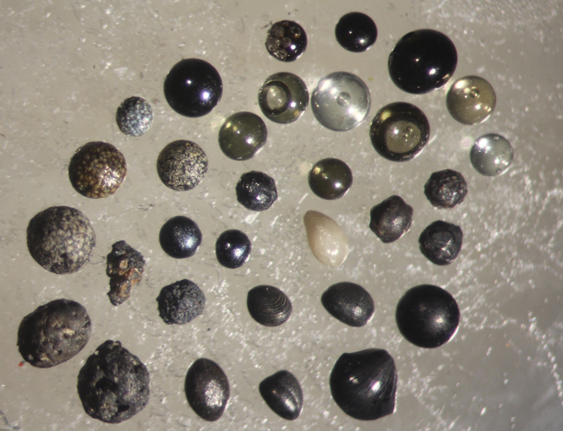 CAT spherules -
The CAT spherule in this image is the milky white, tear drop-shaped spherule in the centre. The other spherules arranged in a spherical pattern are from various classes and exhibit a diverse range of textures and brown-grey-black col