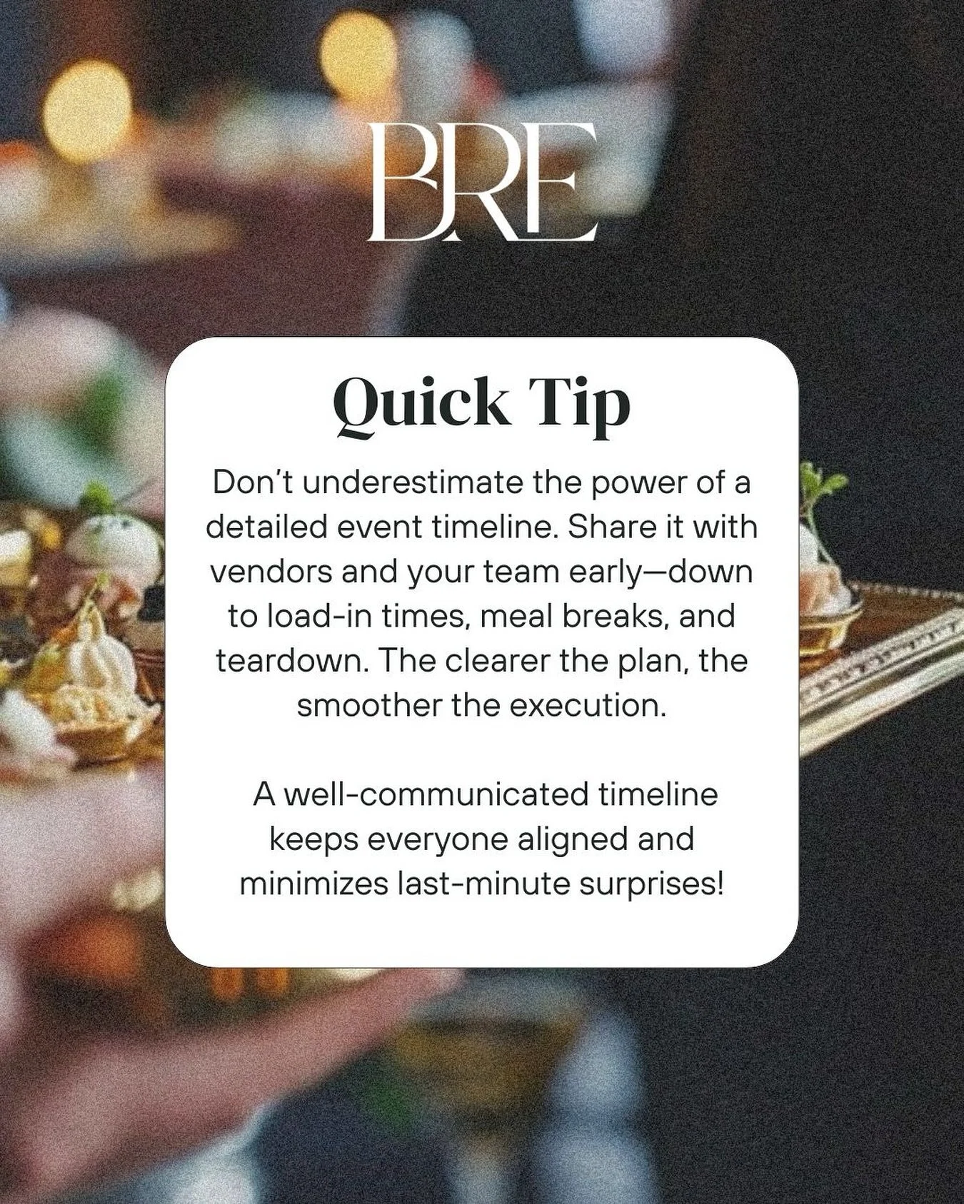 The secret to flawless execution? A clear timeline. ⏰
Plan it, share it, stick to it.

#EventTips #CorporateEvents #EventPlannersLife #EventStrategy #EventProfs #EventPlanning101 #EventManagement #EventCoordinators #EventDayReady #BaileyReedEvents #d
