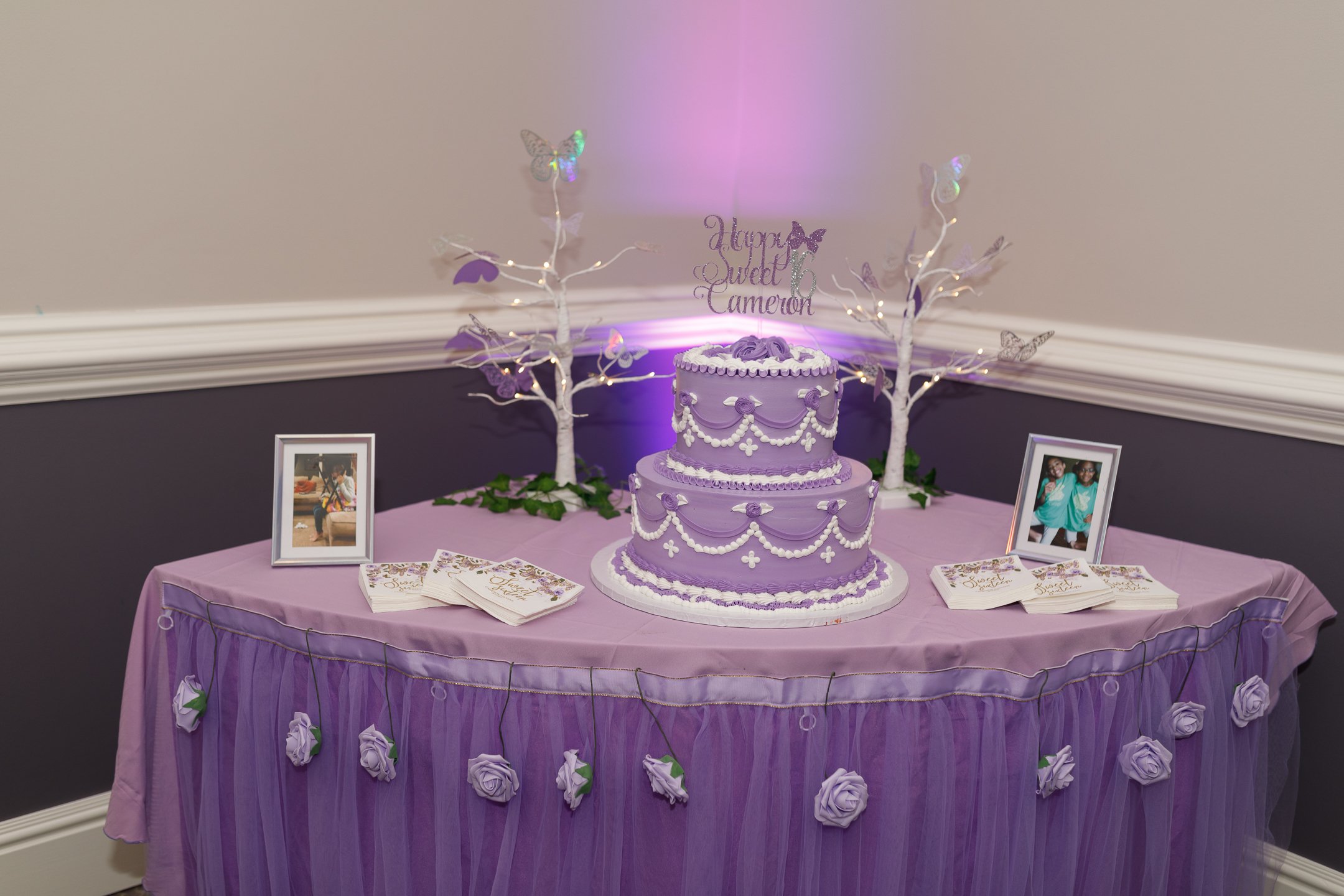 A purple, two-tiered birthday cake with white decoration on a purple table with a purple tablecloth. Behind the cake is a decorative white tree with butterfly ornaments and lights. Framed photographs and thank you cards are on the table. A topper on 